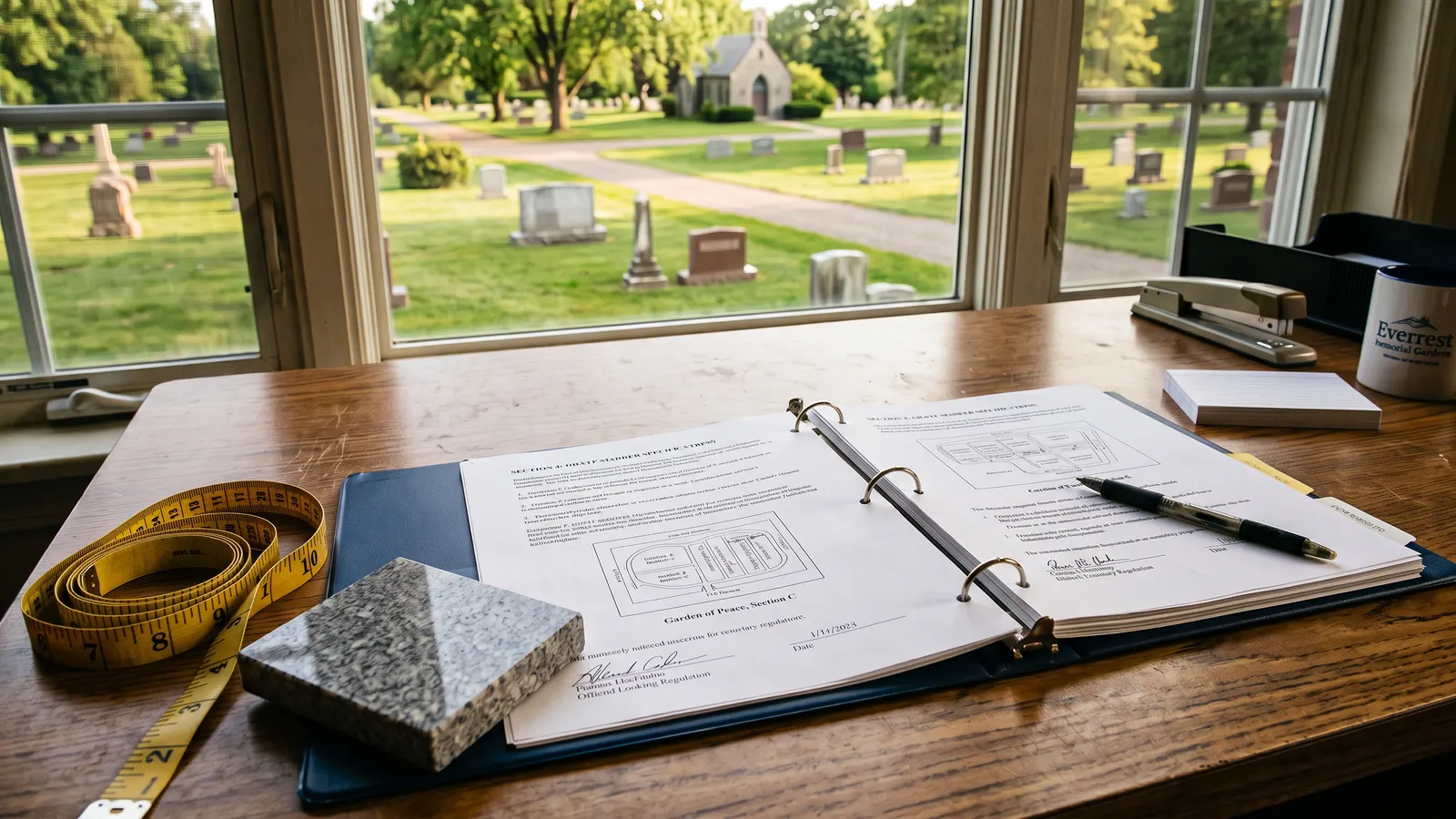 Cemetery office desk with an open binder of headstone regulations, a tape measure and a granite sample