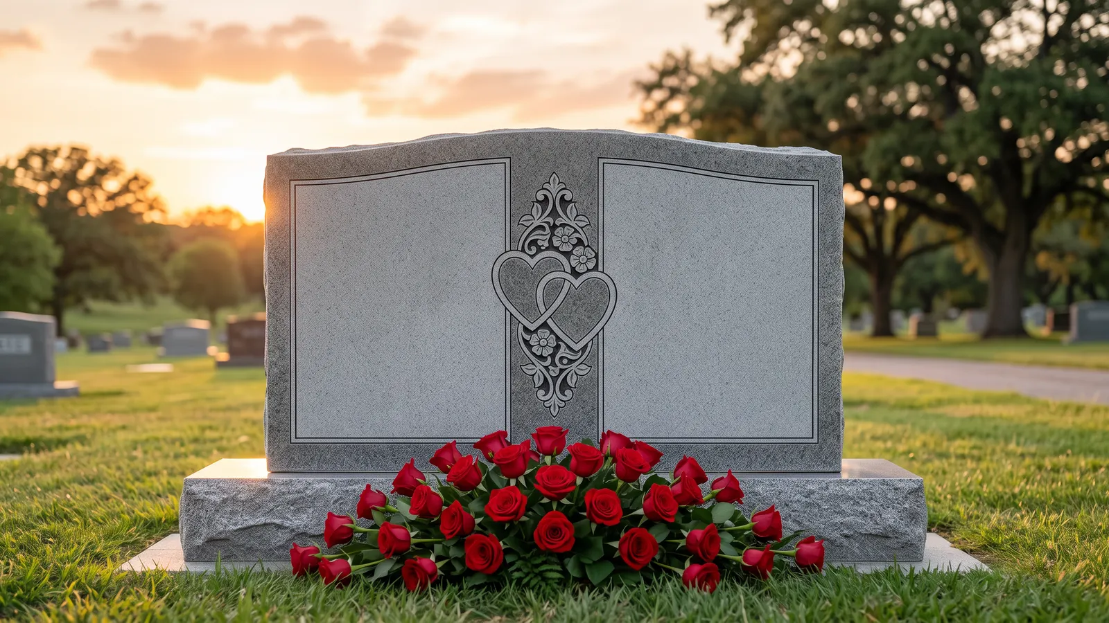 Wide upright companion granite monument with two blank name panels, a carved heart and red roses