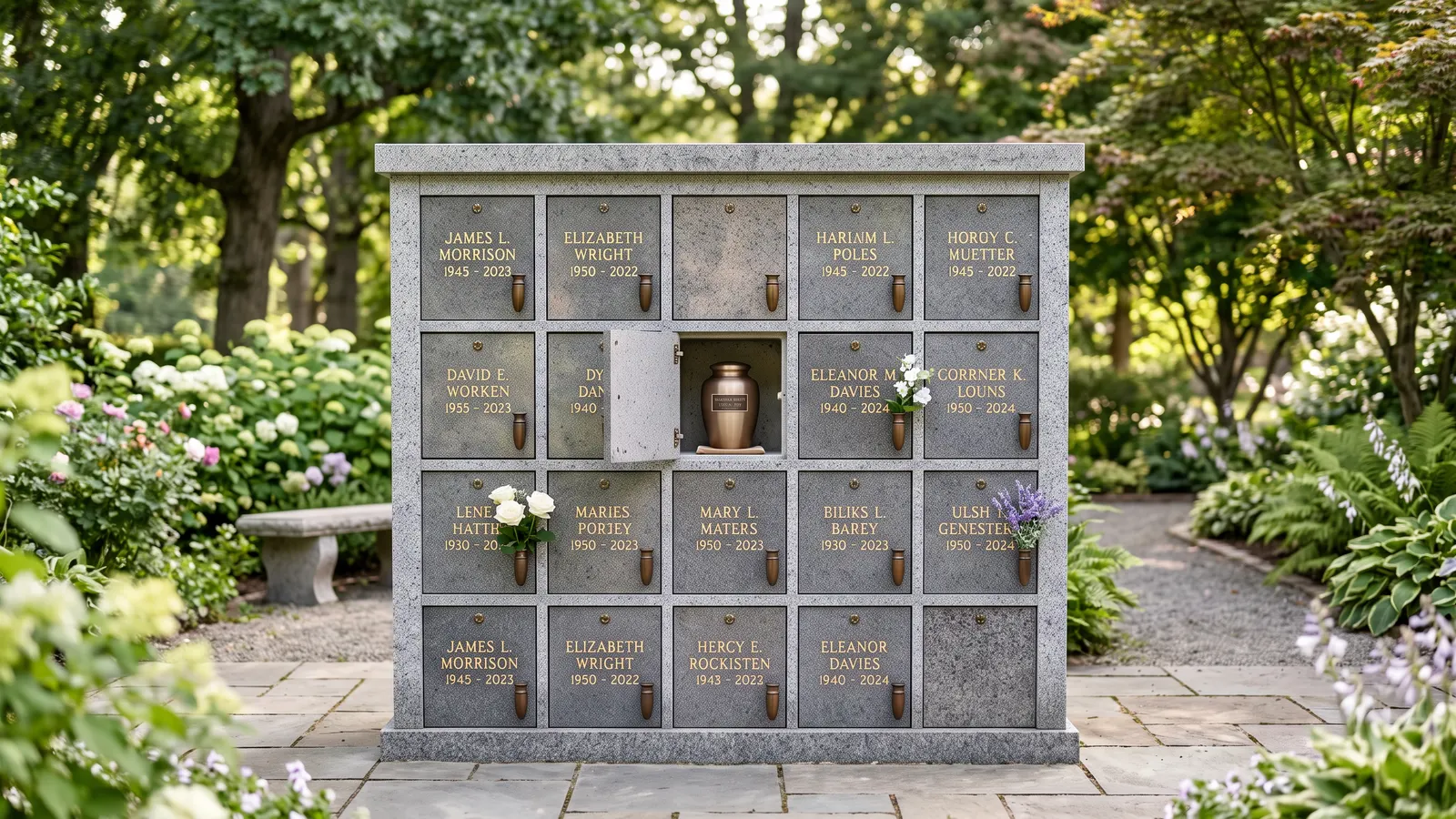 Granite columbarium with sealed niches beside a polished granite cremation urn in a memorial garden