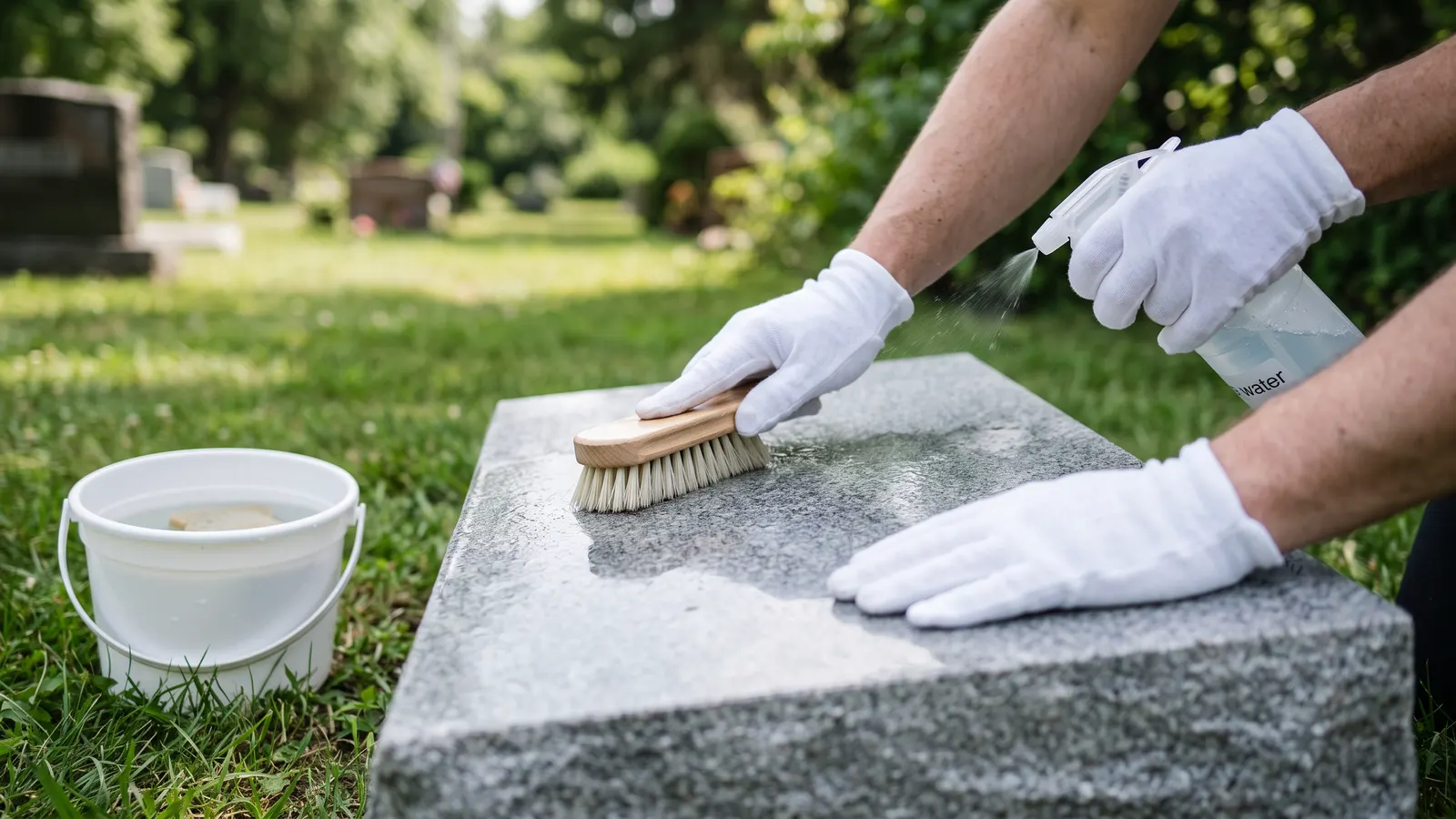 Gloved hands cleaning a gray granite headstone with a soft nylon brush and a spray bottle of water