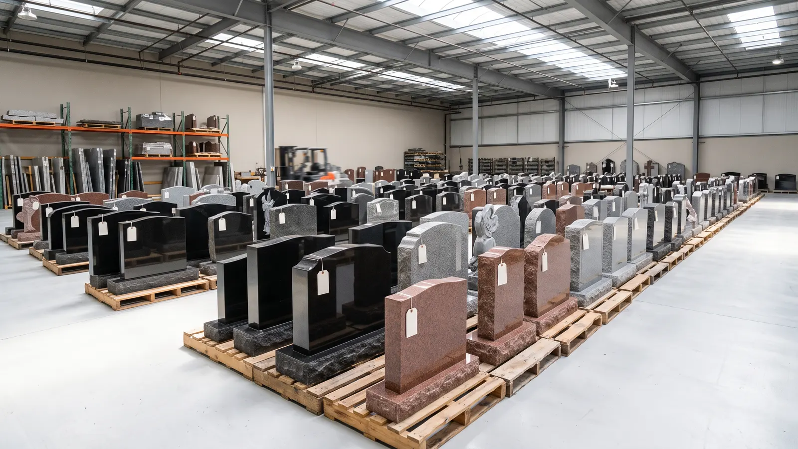 Rows of finished black, gray and red granite headstones with inventory tags in a memorial warehouse