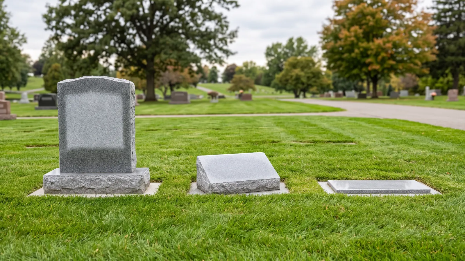 An upright granite headstone, a low bevel marker and a flat grass marker side by side on a cemetery lawn
