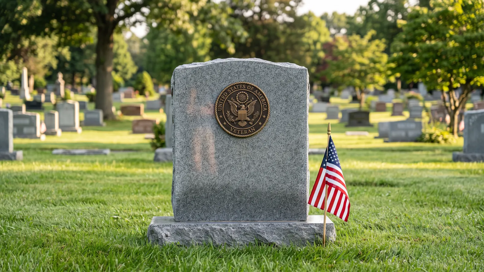 Gray granite headstone with a bronze Veteran medallion and a small American flag in a cemetery