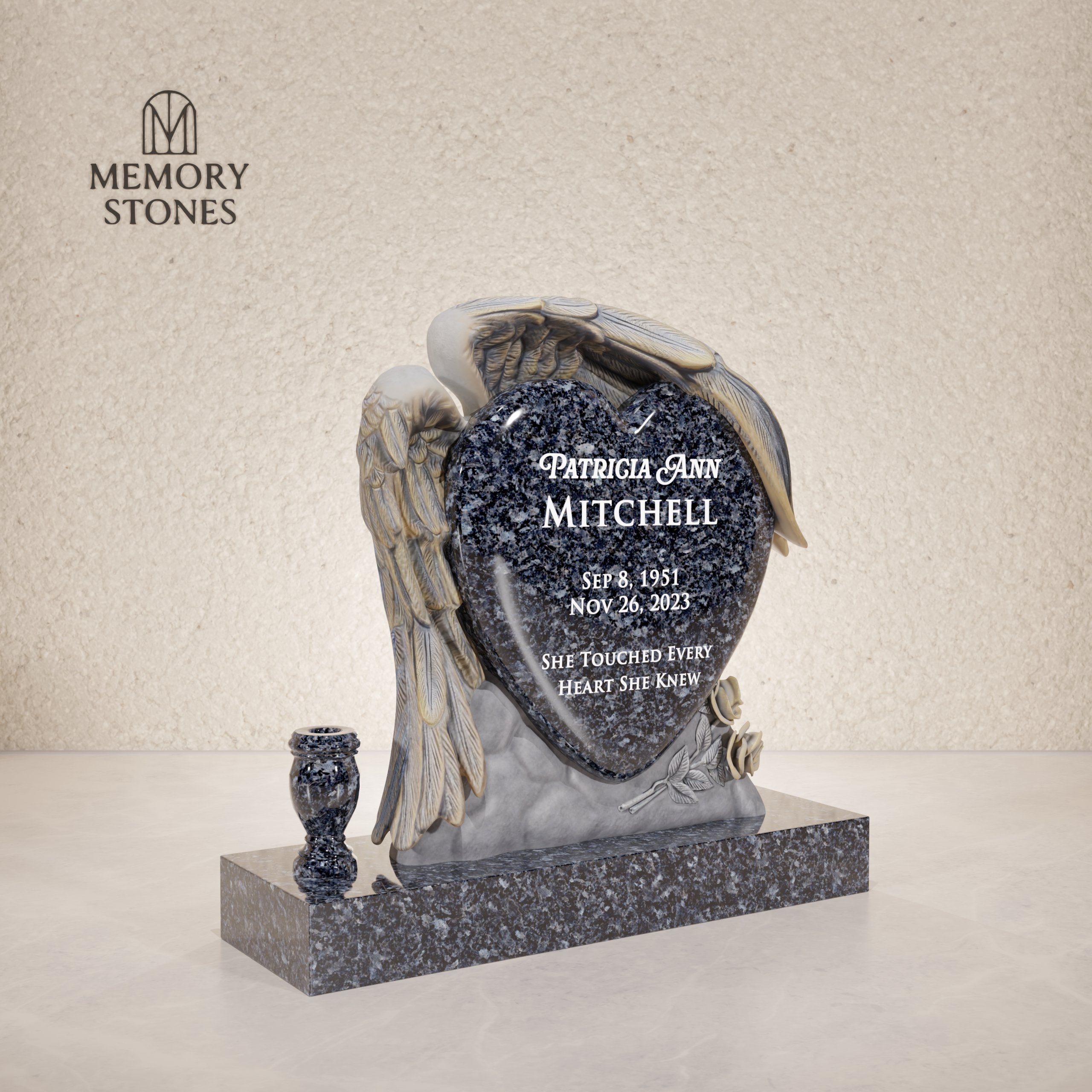 Angel Wings Heart Headstone with Rose Detail