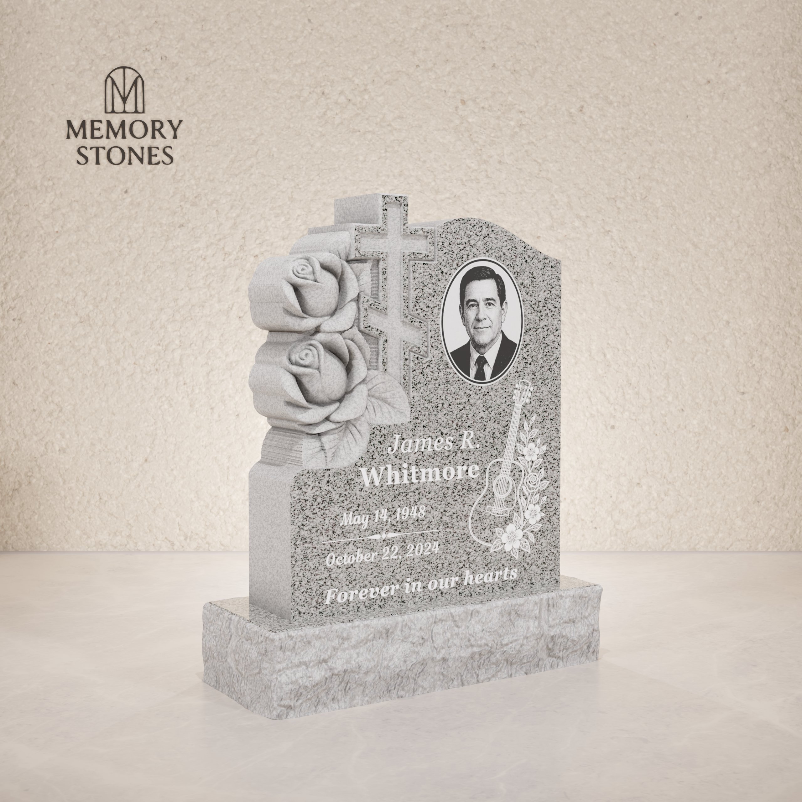 Cross & Rose Carved Upright Granite Headstone