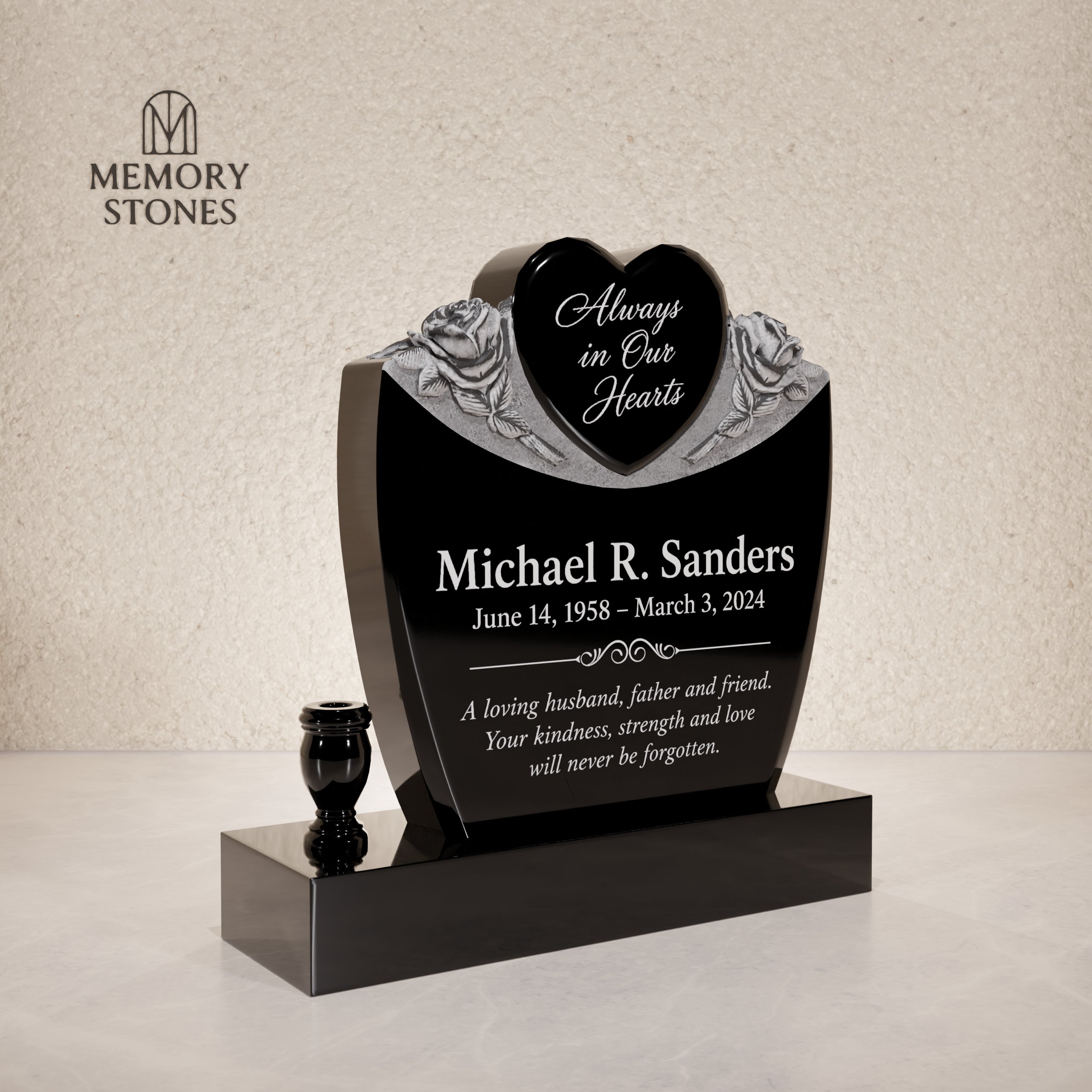 Heart & Roses Upright Granite Headstone