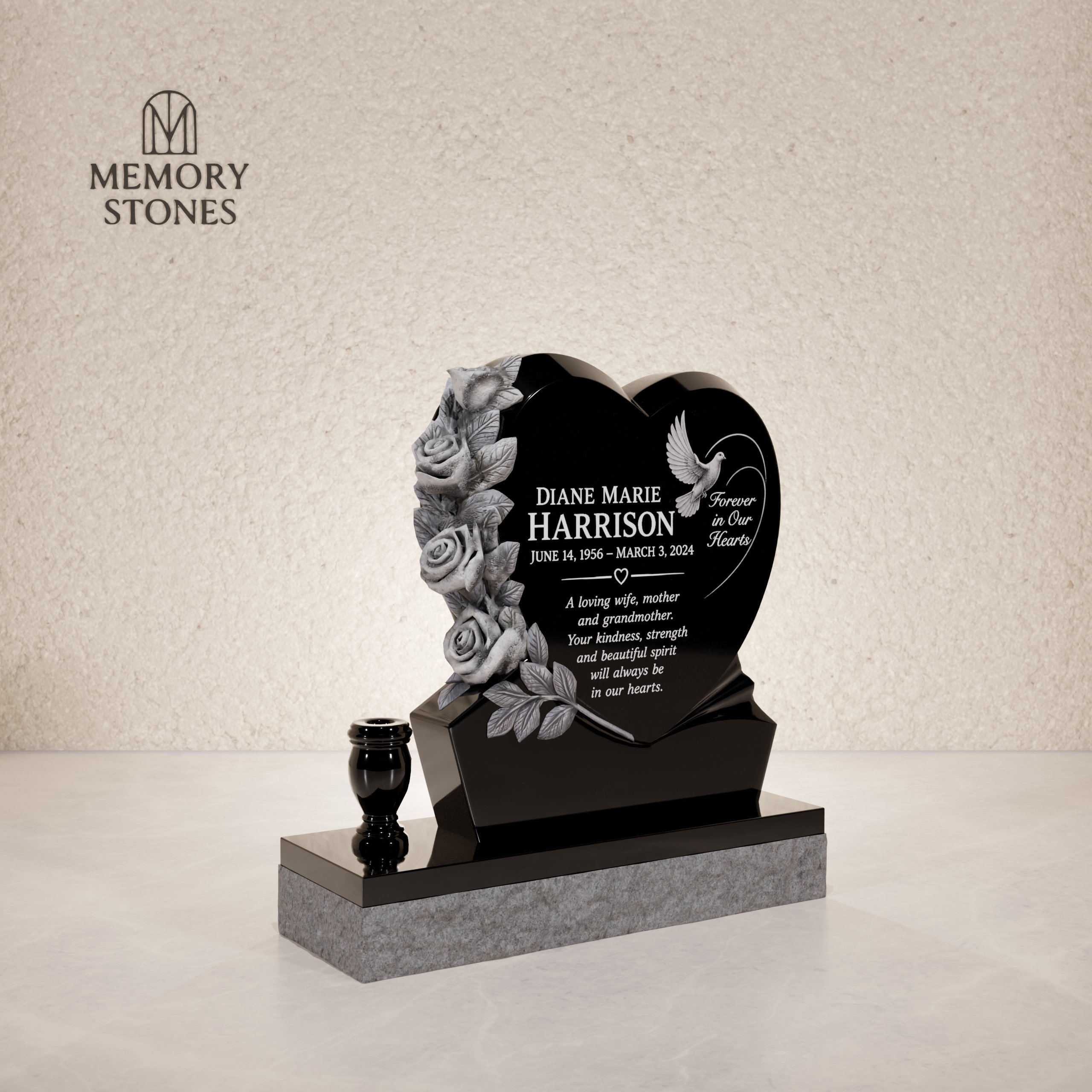 Heart Shape Headstone with Rose Carving