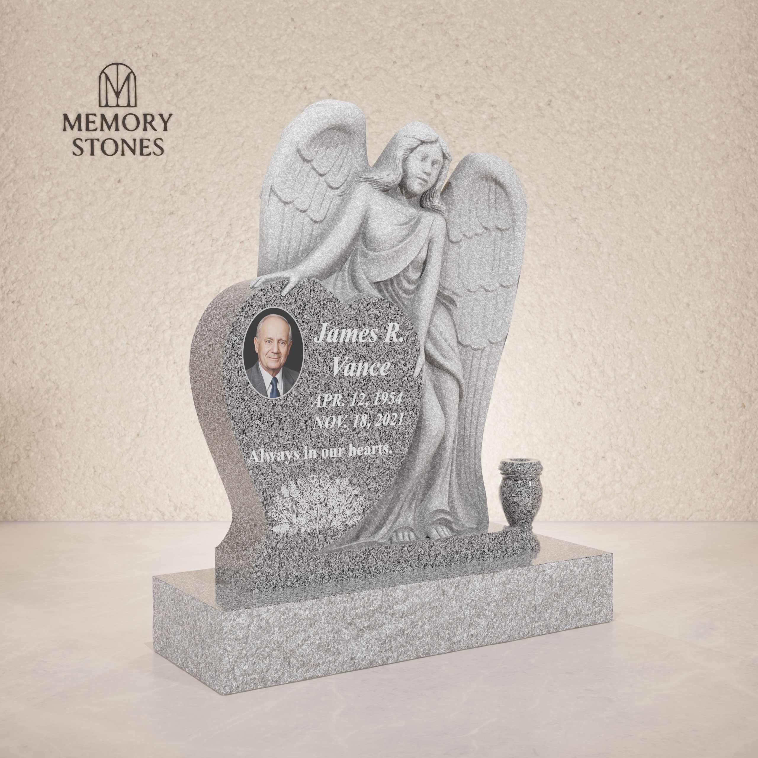Angel Embrace Heart Granite Headstone