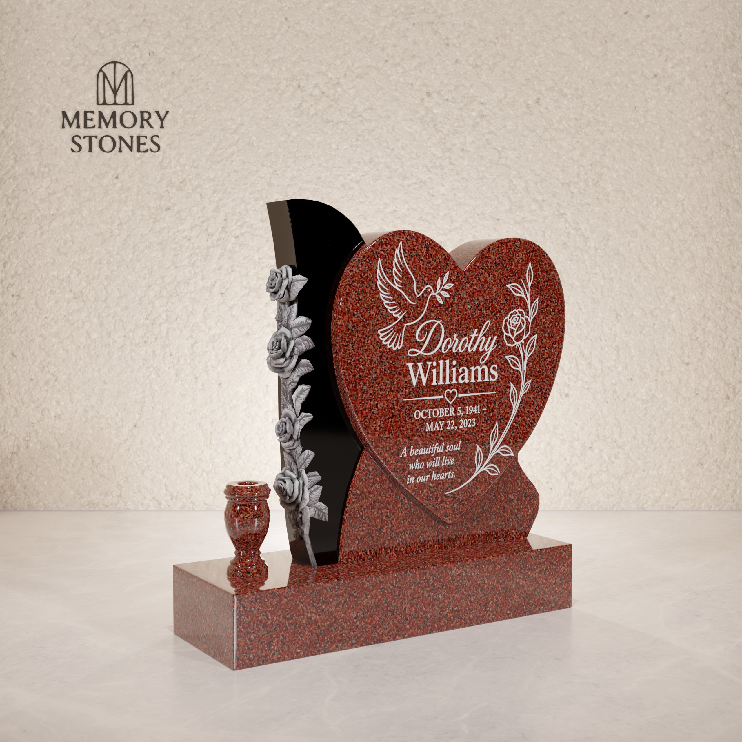 Heart Headstone with Rose Accent