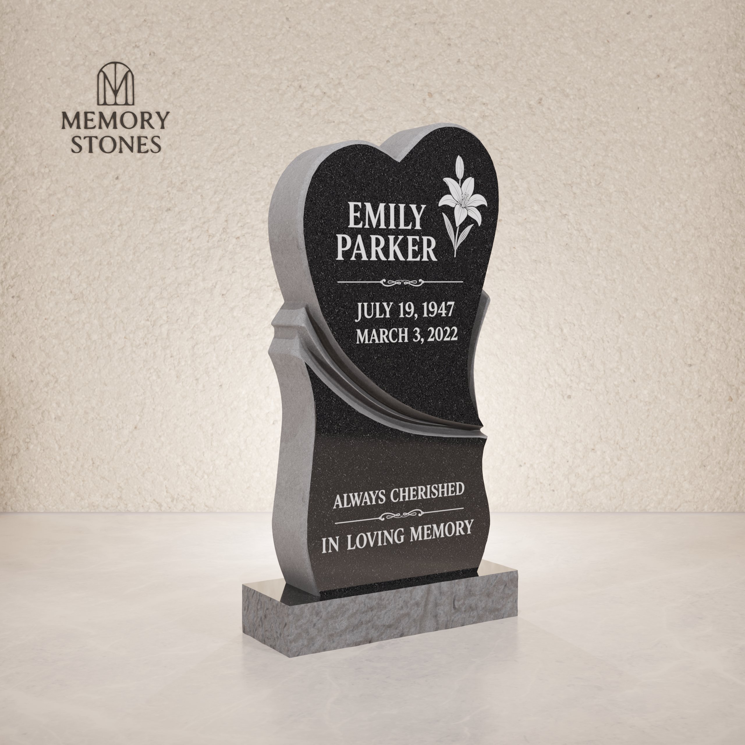 Black Granite Heart-Shaped Headstone 18 x 3 x 30