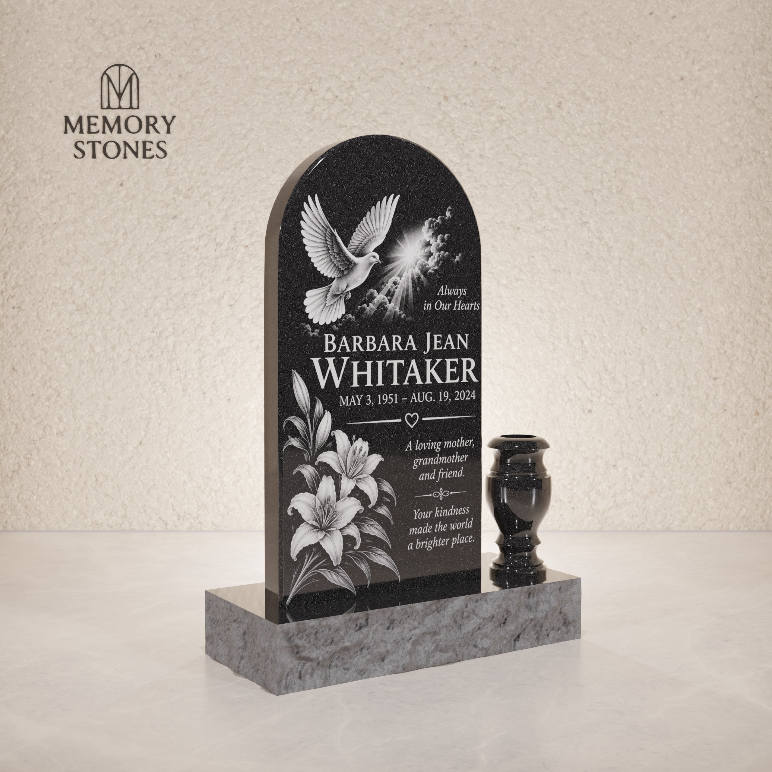 Arched Upright Granite Headstone with Vase