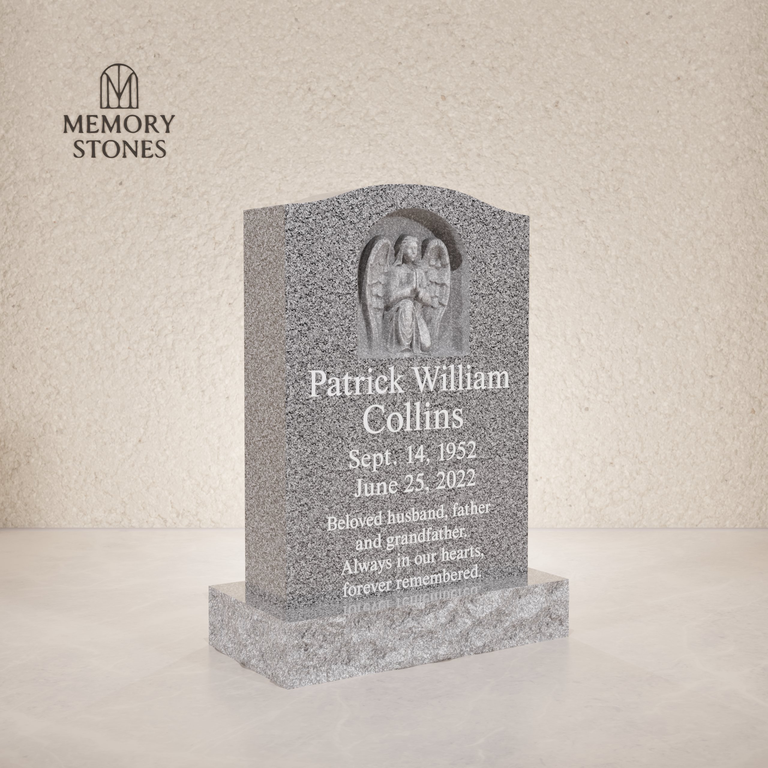 Praying Angel Relief Upright Granite Headstone