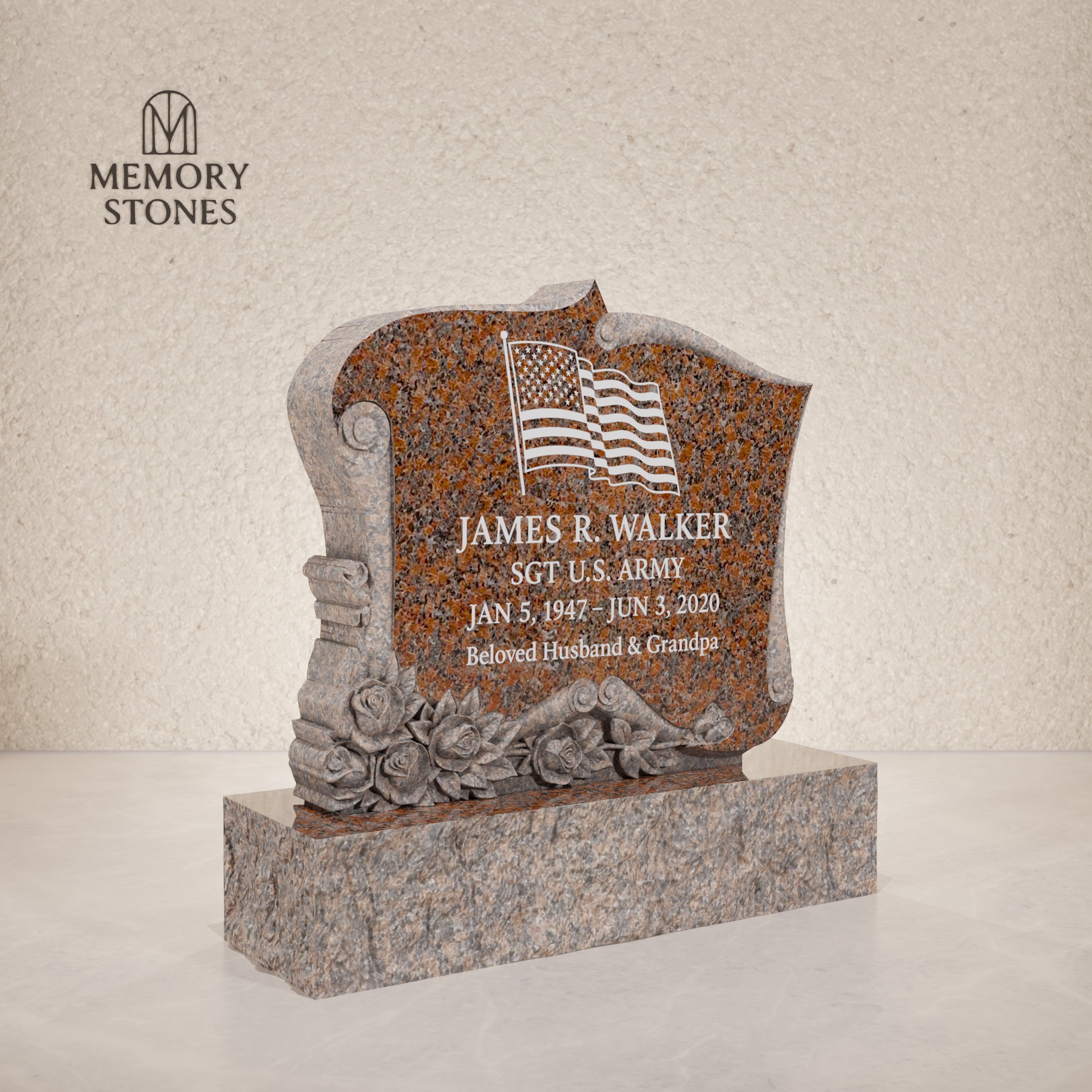 Scroll Edge Upright Granite Headstone with Rose Carving