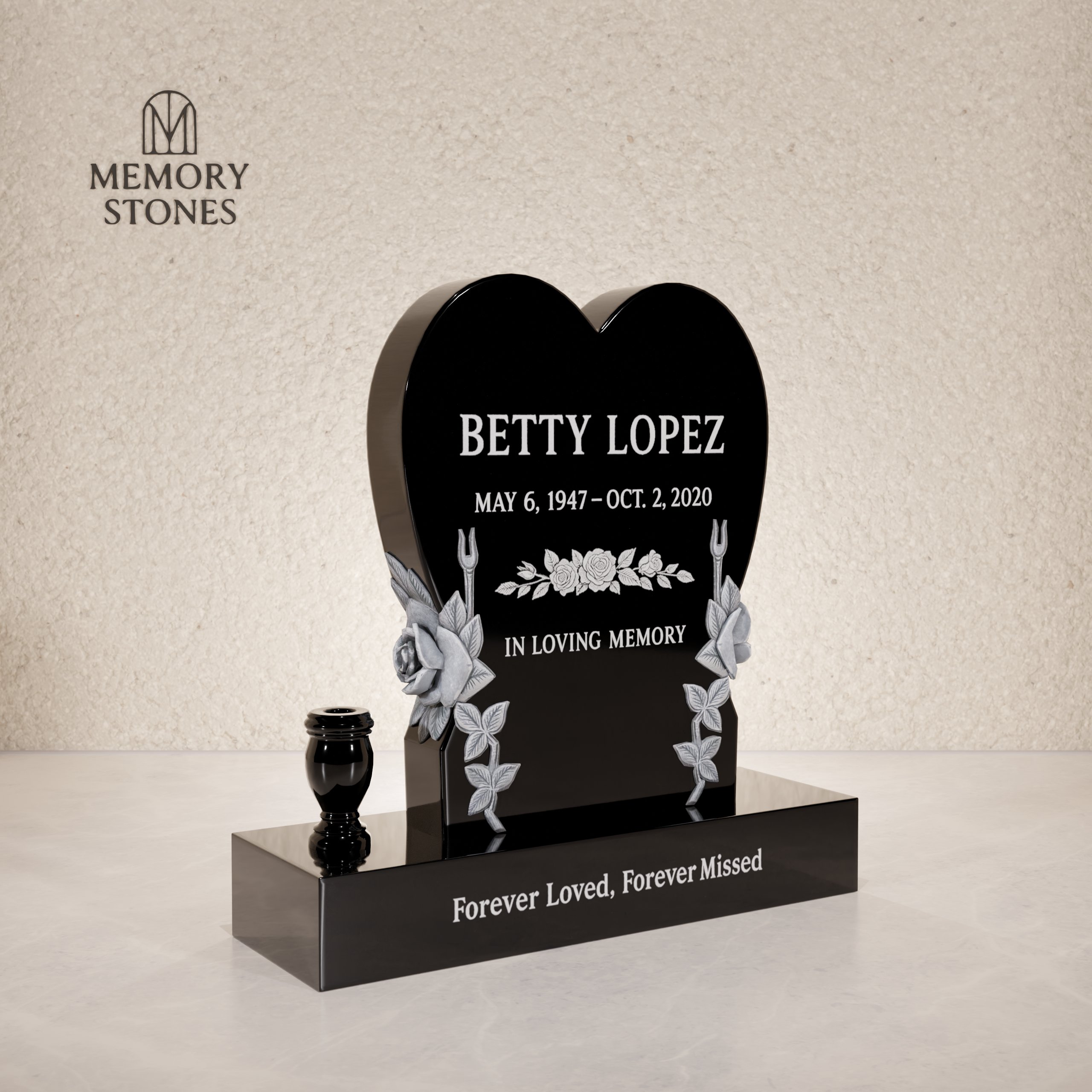 Heart Memorial with Rose Carving