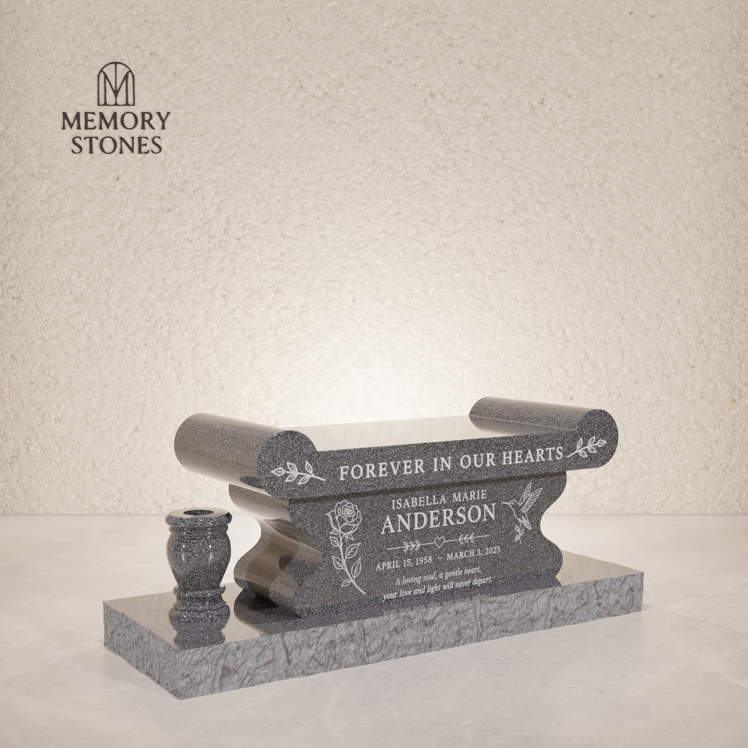 Scroll-End Granite Memorial Bench with Vase