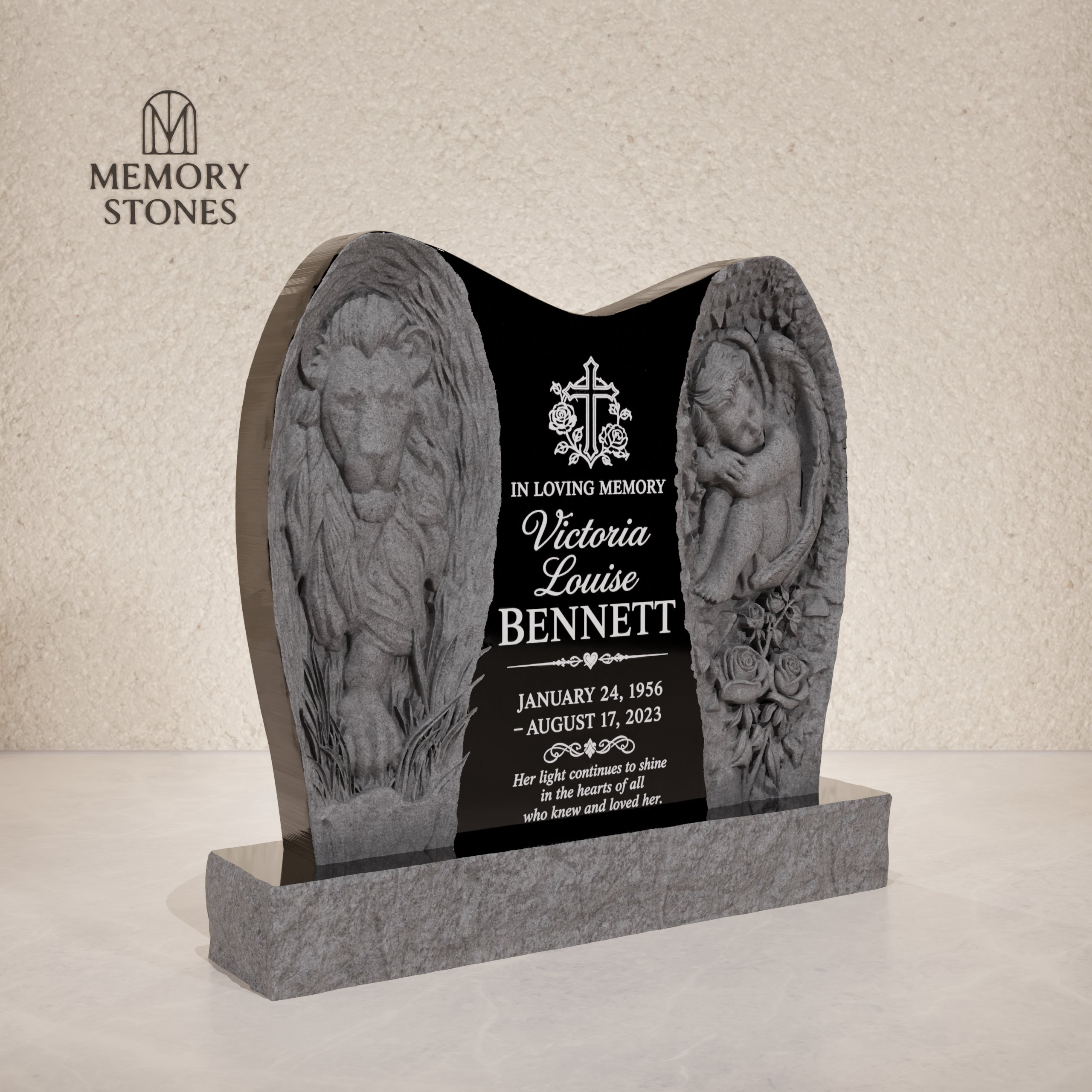 Angel & Lion Winged Upright Granite Headstone