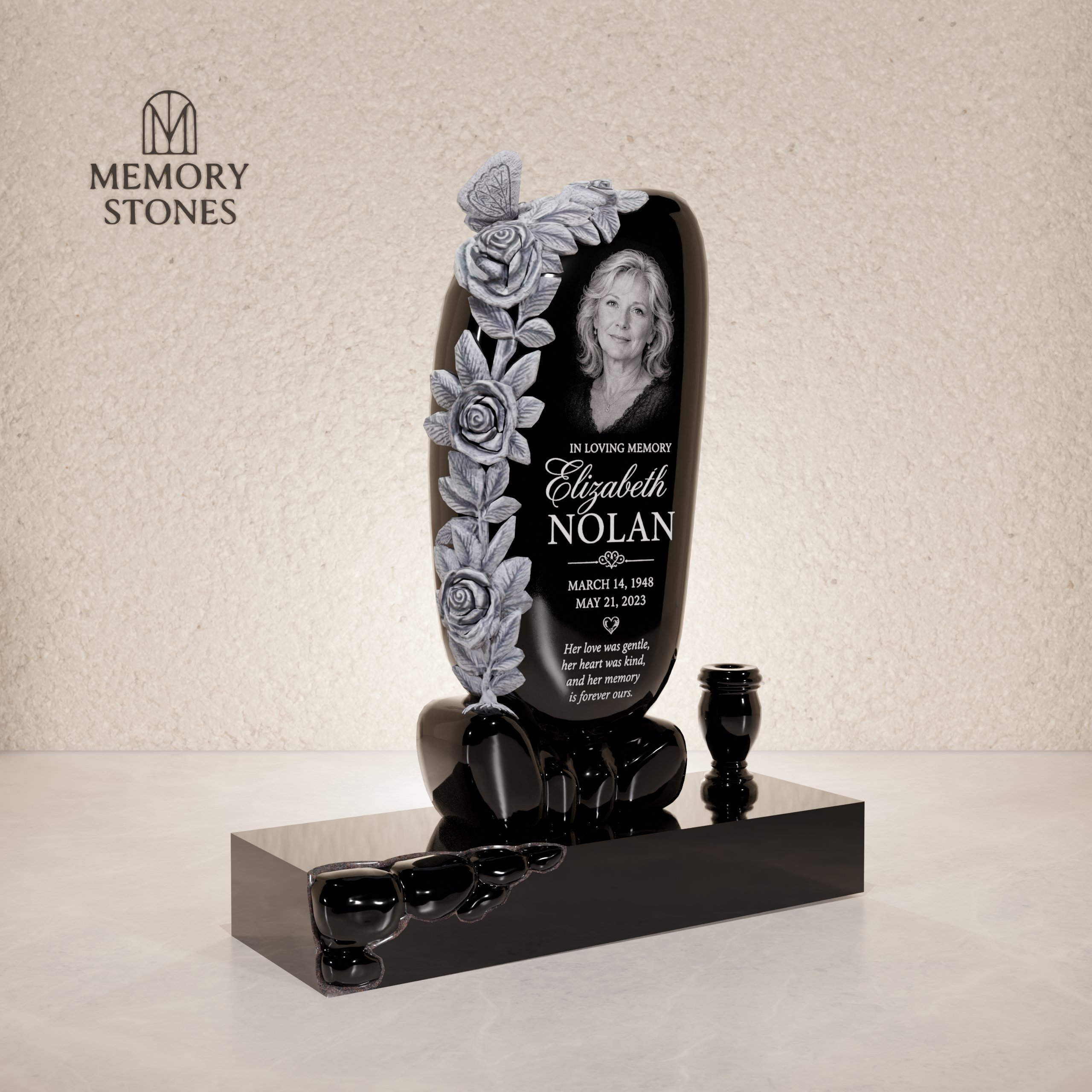 Elegant Upright Headstone with Roses & Butterfly