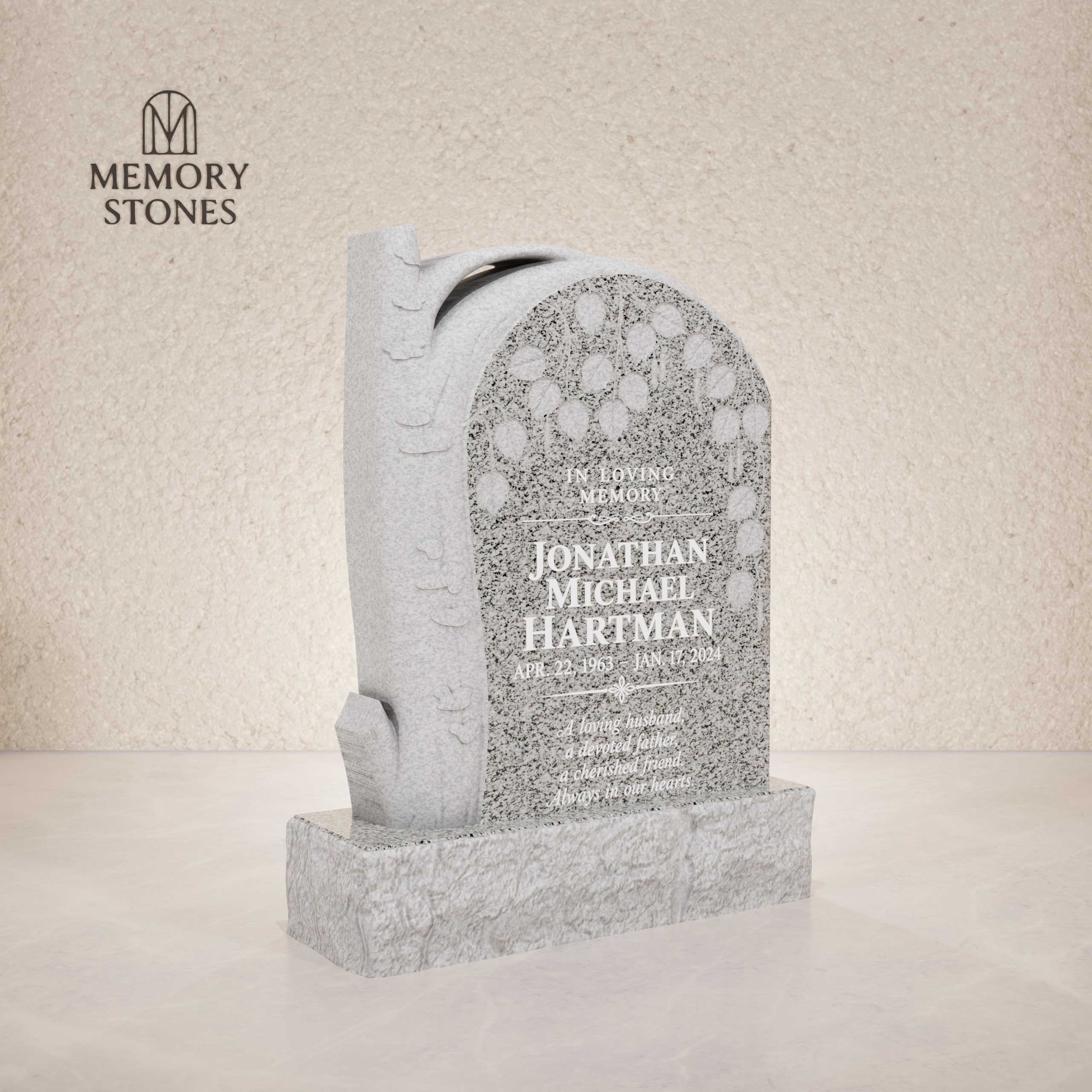 Tree Shape Granite Headstone with Leaf Carving 18 x 4 x 22