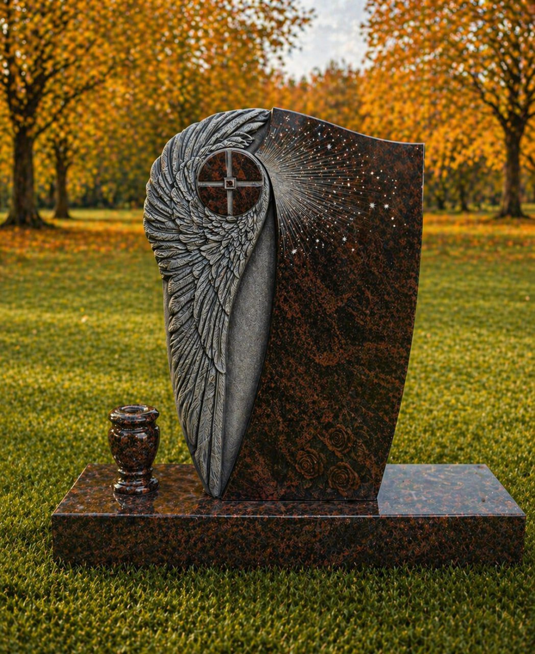 Angel Wing Cross Granite Headstone