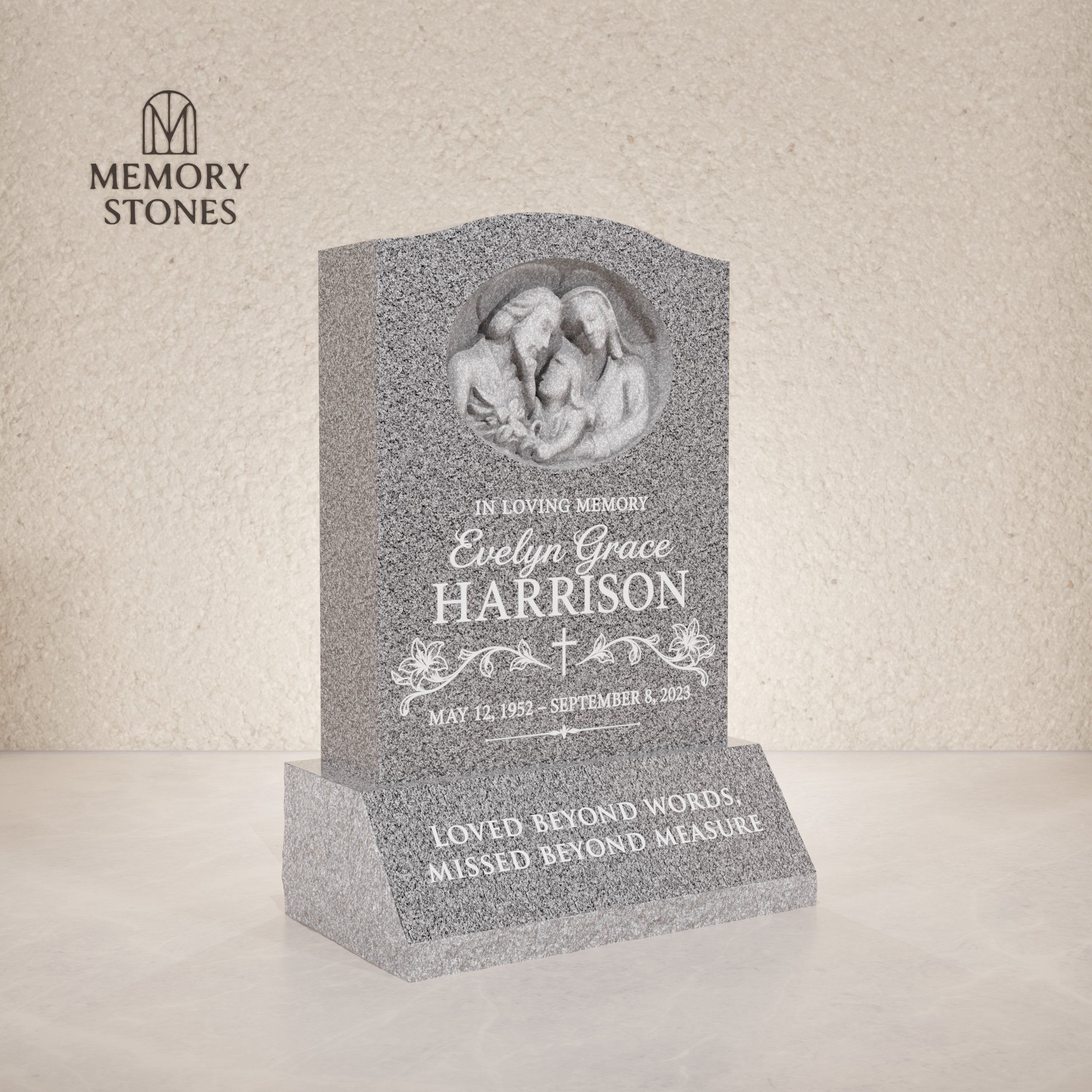 Serpentine Upright Granite Headstone with Family Design