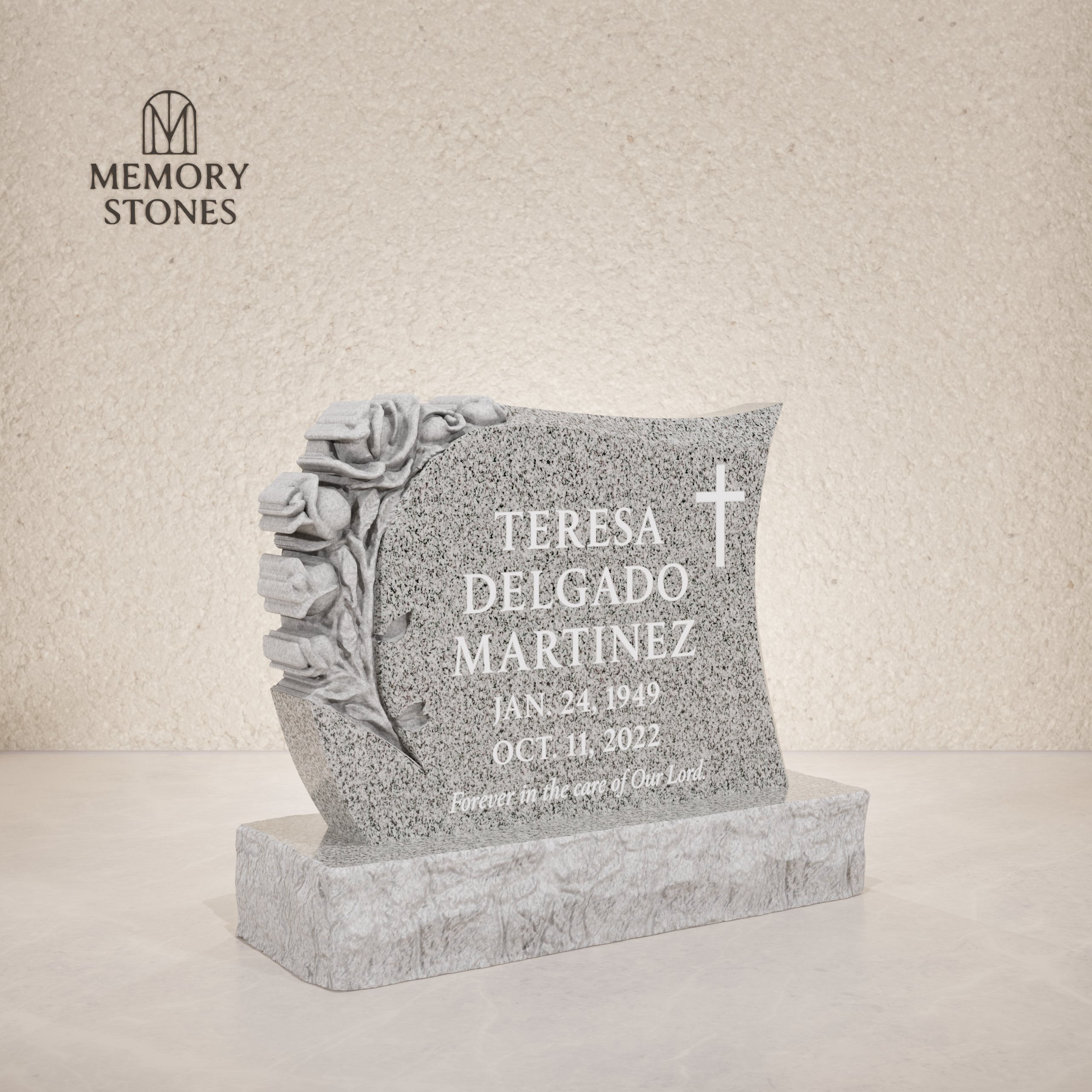 Serpentine Upright Granite Headstone with Rose Carving