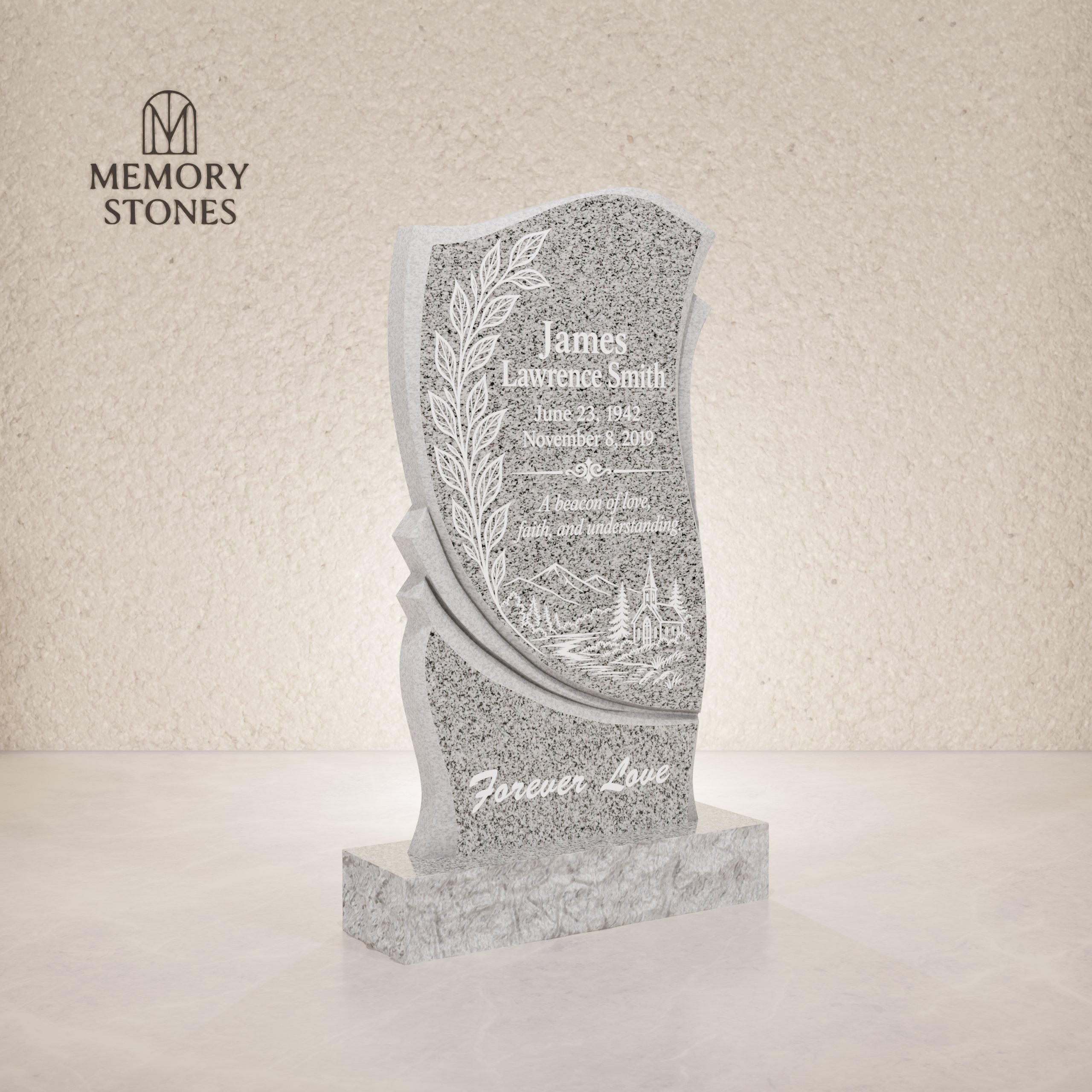 Modern Wave Shape Upright Granite Headstone