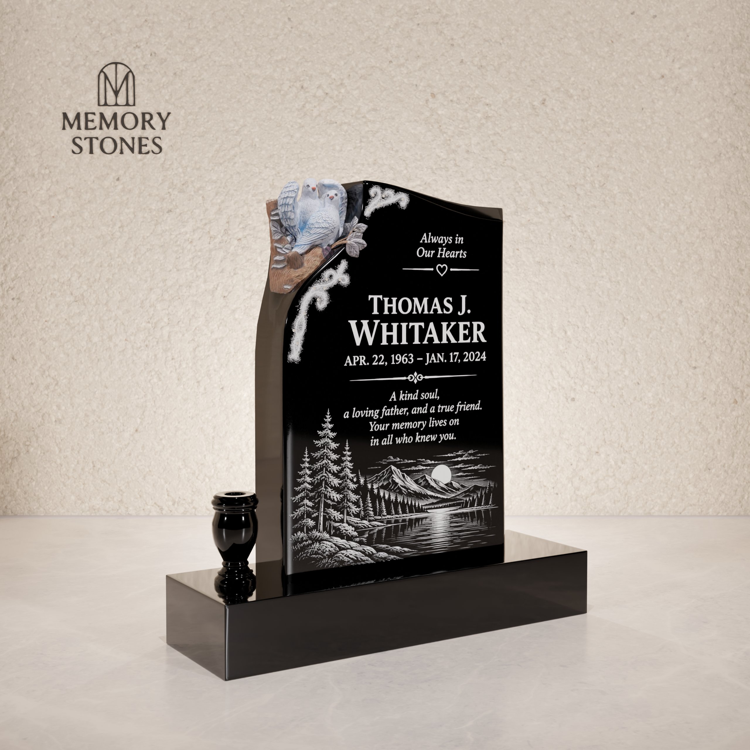 Special Shape Upright Granite Headstone with Doves