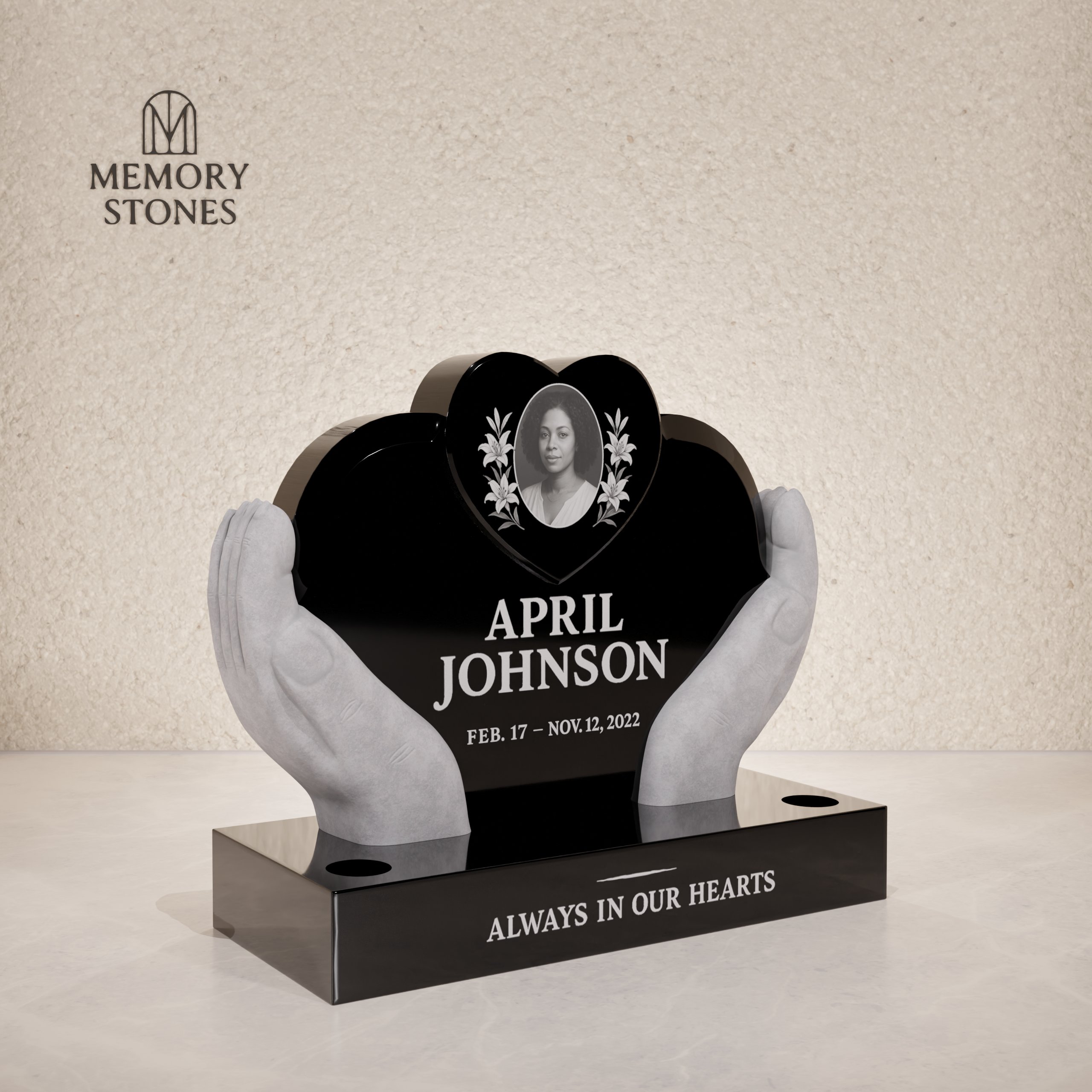 Hands & Heart Shaped Companion Upright Granite Headstone