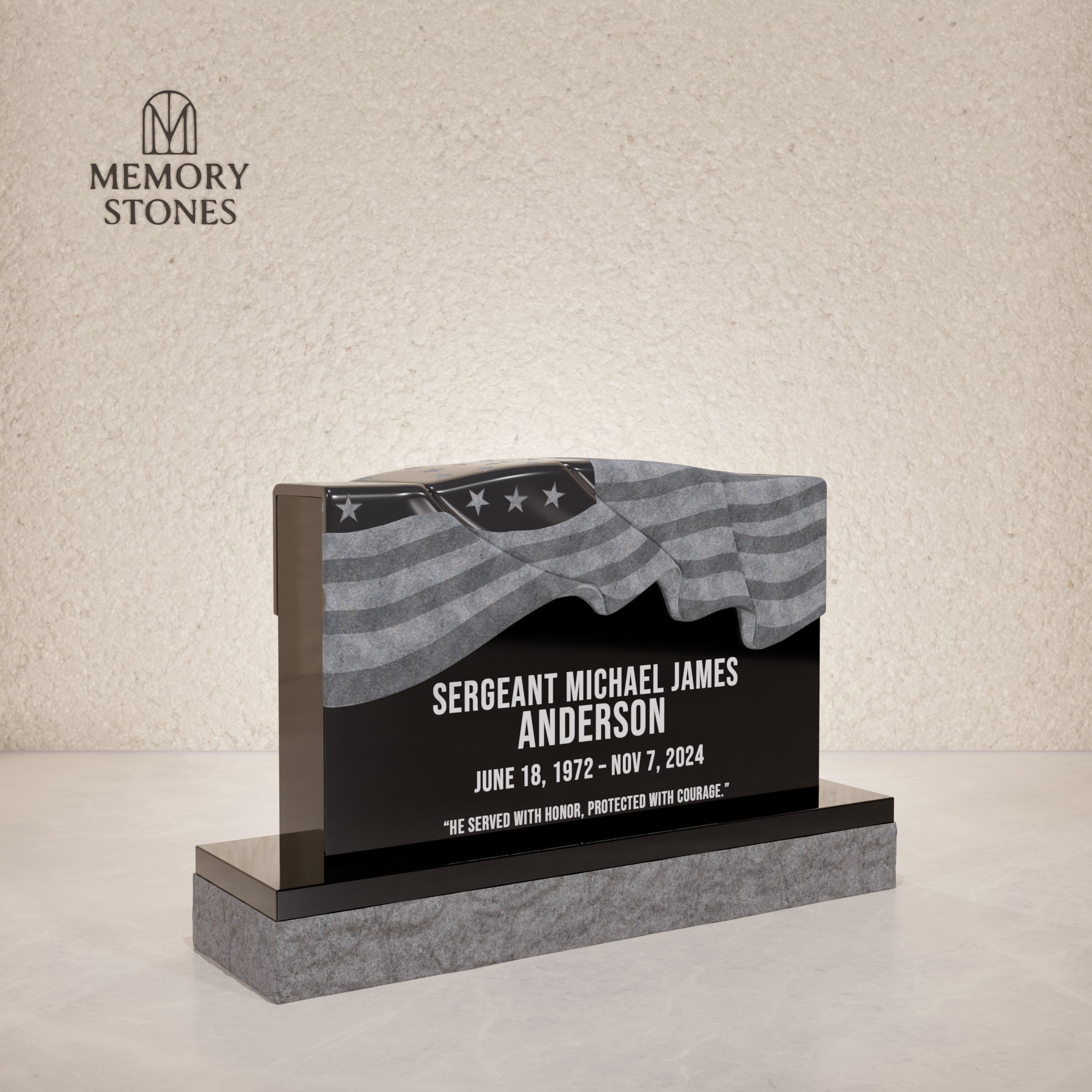Patriotic Companion Upright Headstone with Flag Design