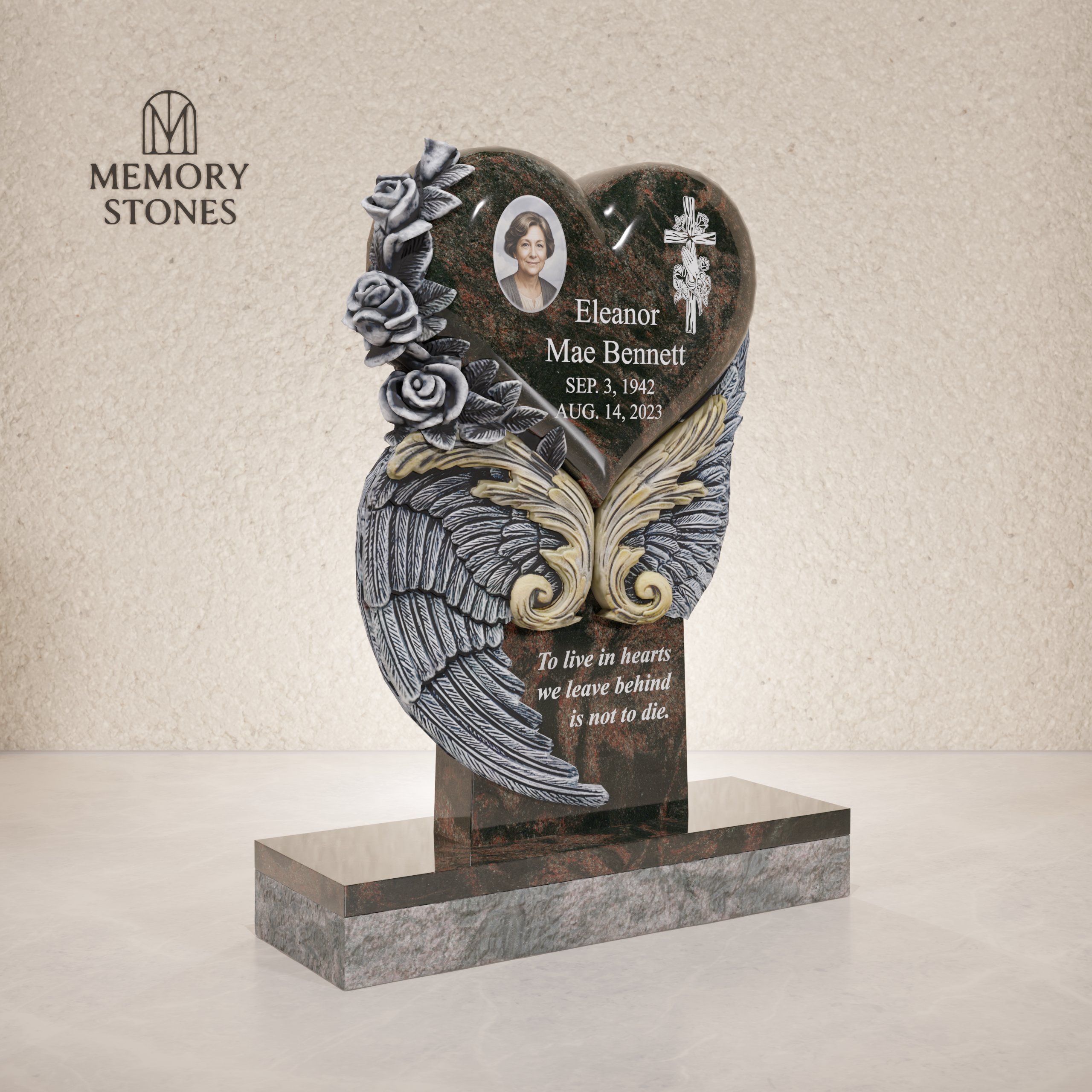 Angel Wings Heart Granite Headstone