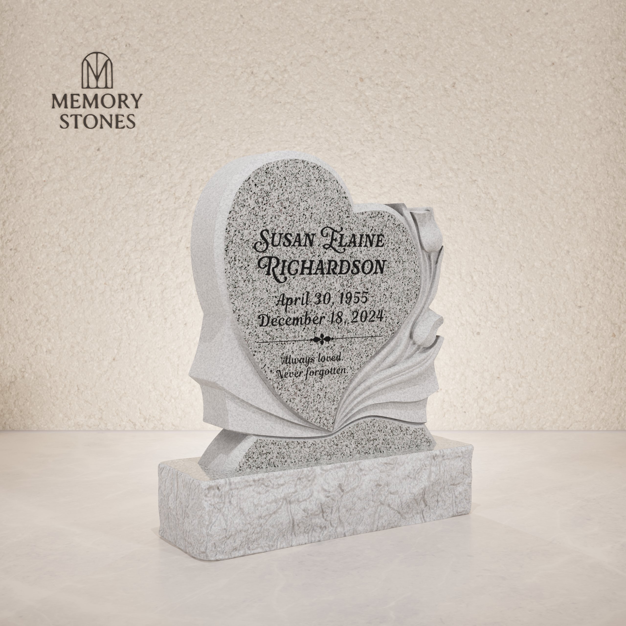 Heart and Open Book Headstone with Carved Roses 18 x 3 x 20