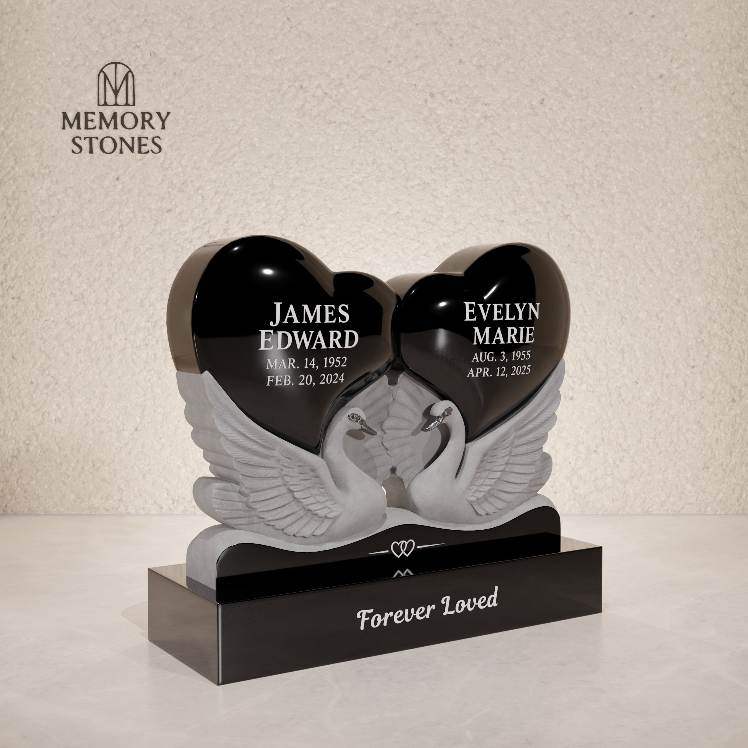 Double Heart Companion Granite Headstone with Swans