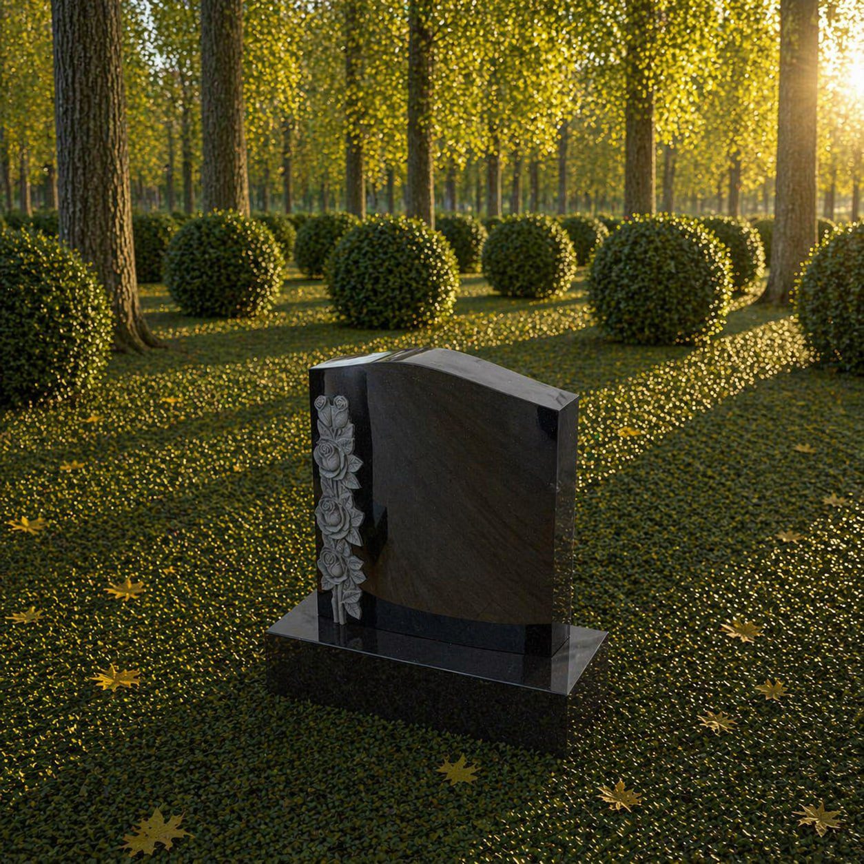 Upright Granite Headstone with Floral Carving