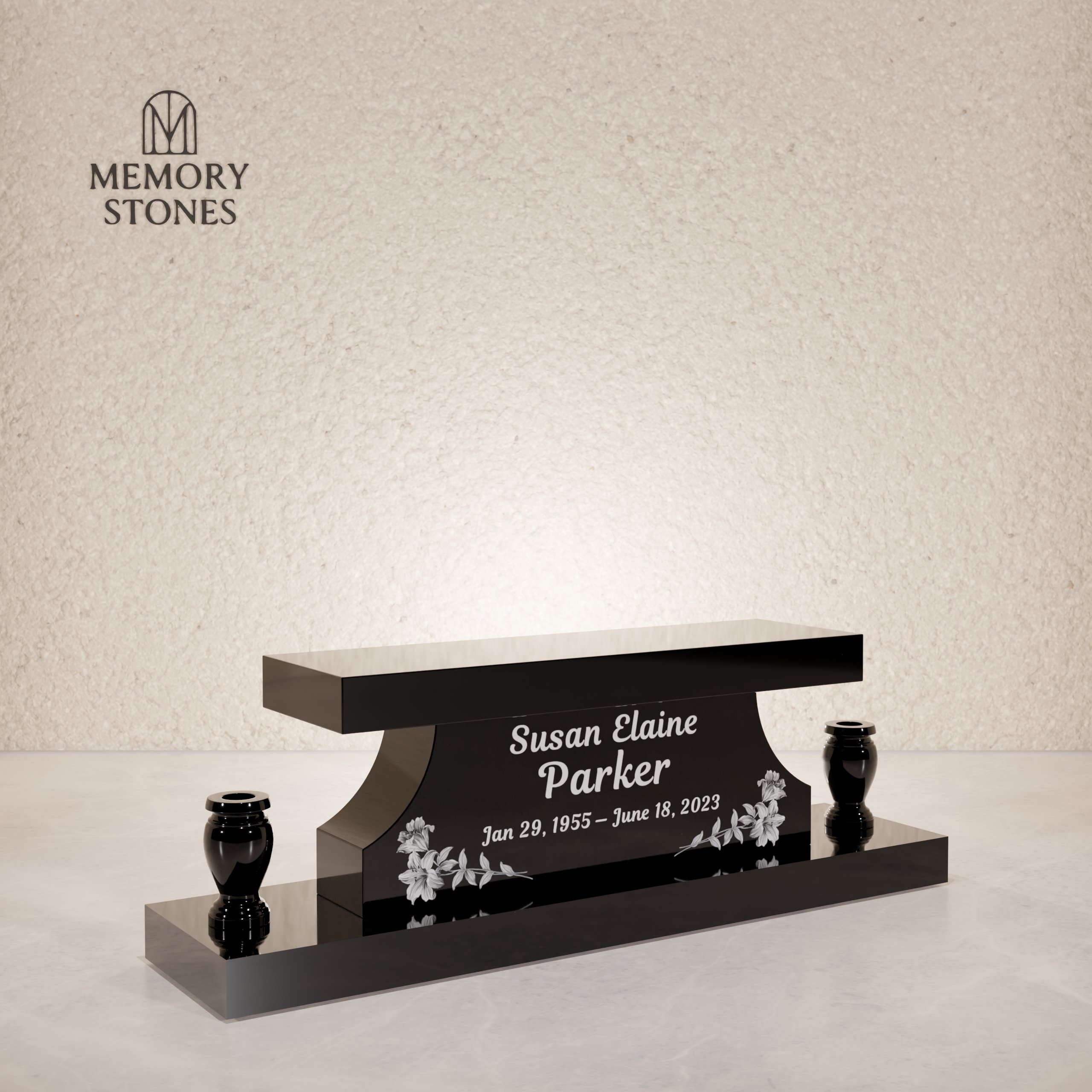 Granite Memorial Bench with Base & Vases