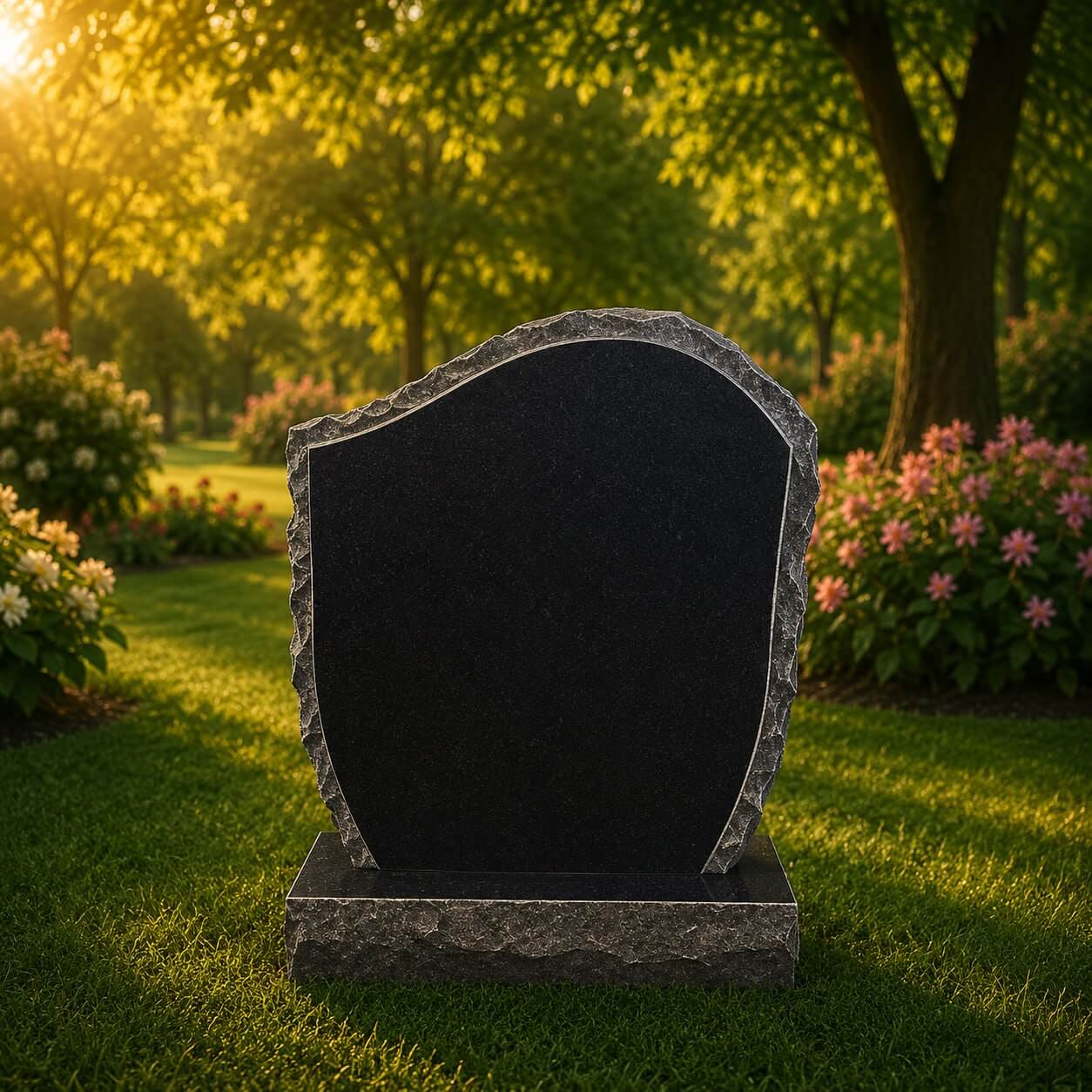 Rock-Edge Curved Upright Headstone with Vase