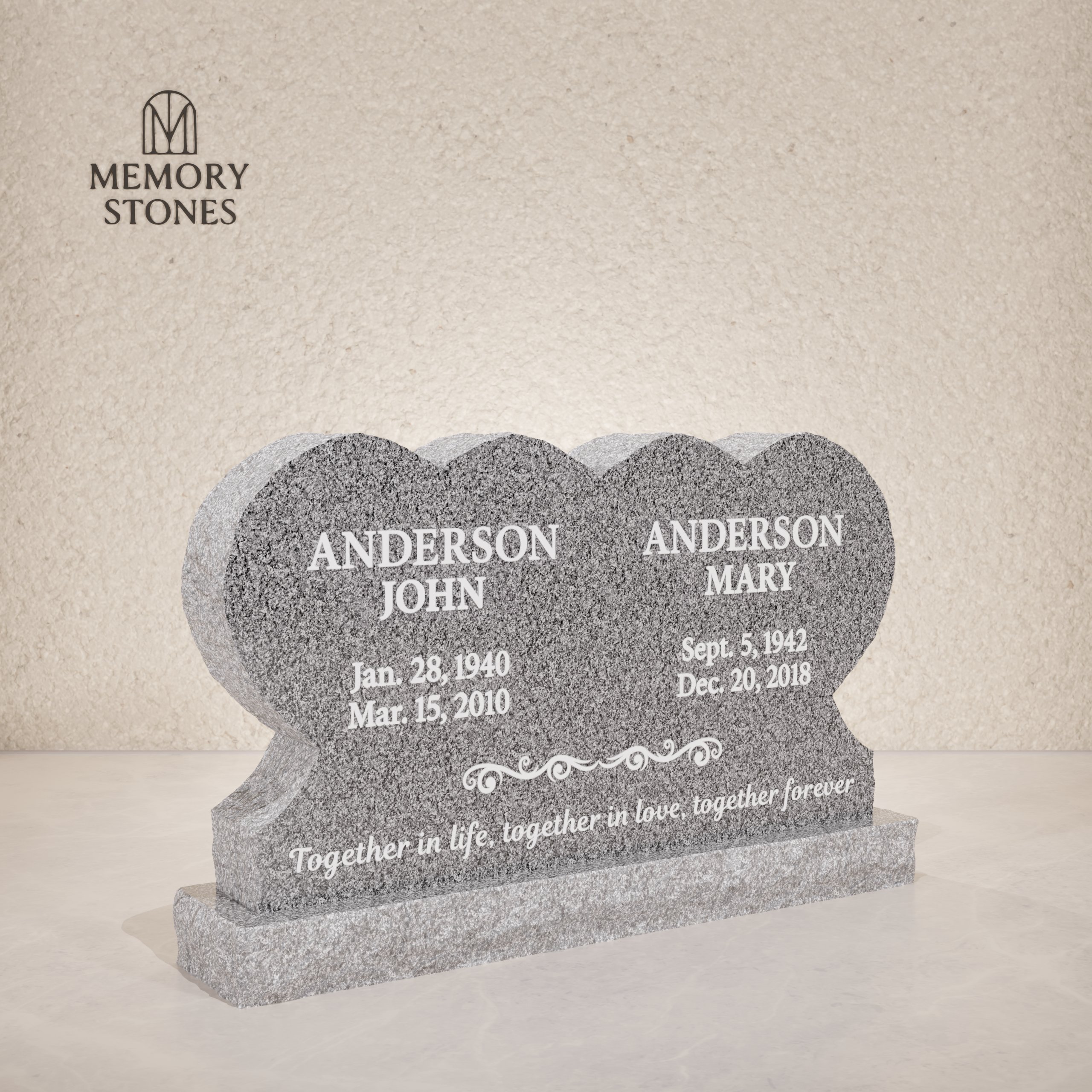 Triple Heart Companion Headstone 42 x 6 x 28