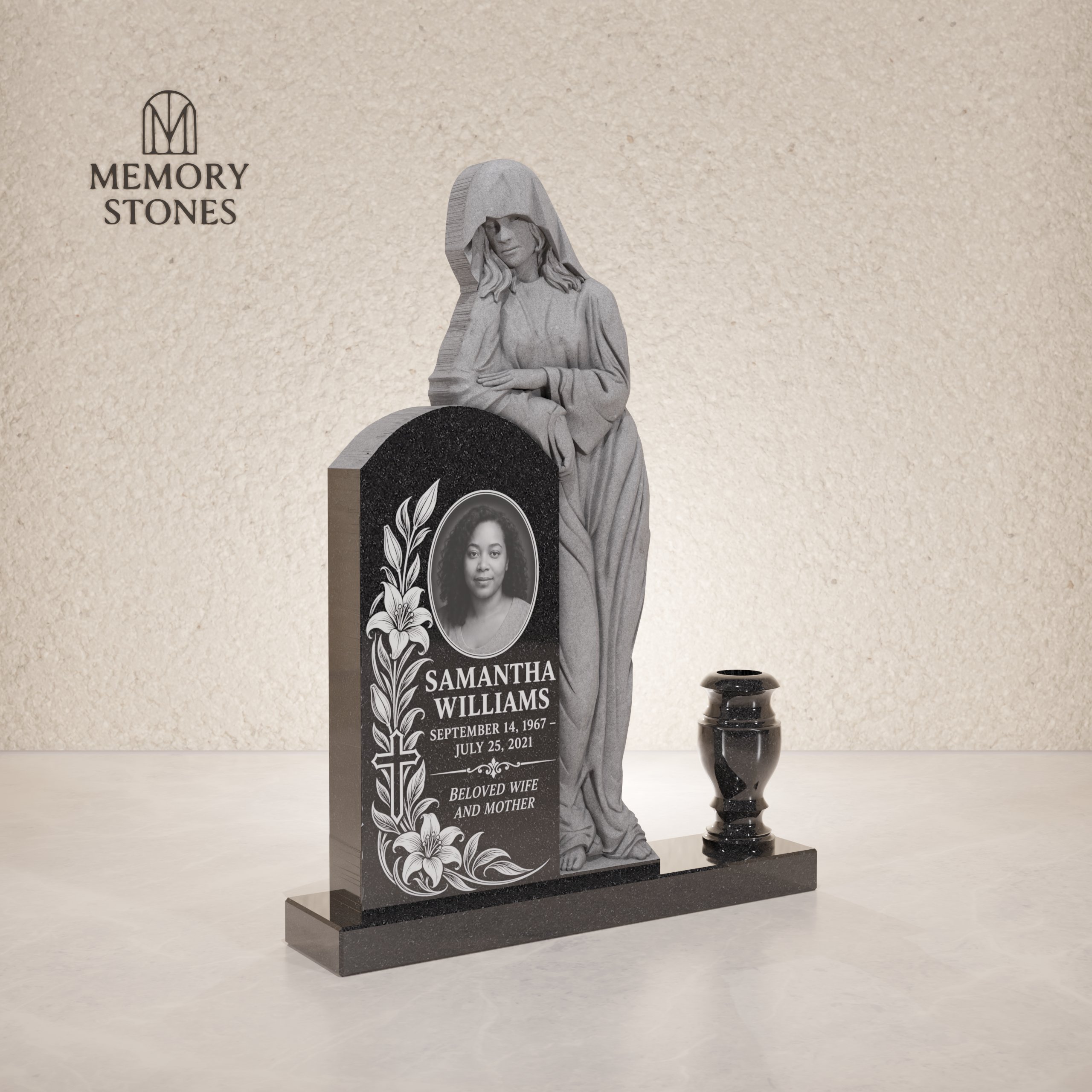 Carved Angel Hugging Oval Memorial Monument