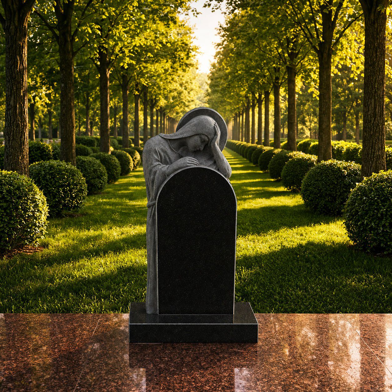 Madonna Memorial Headstone with Dual Vases