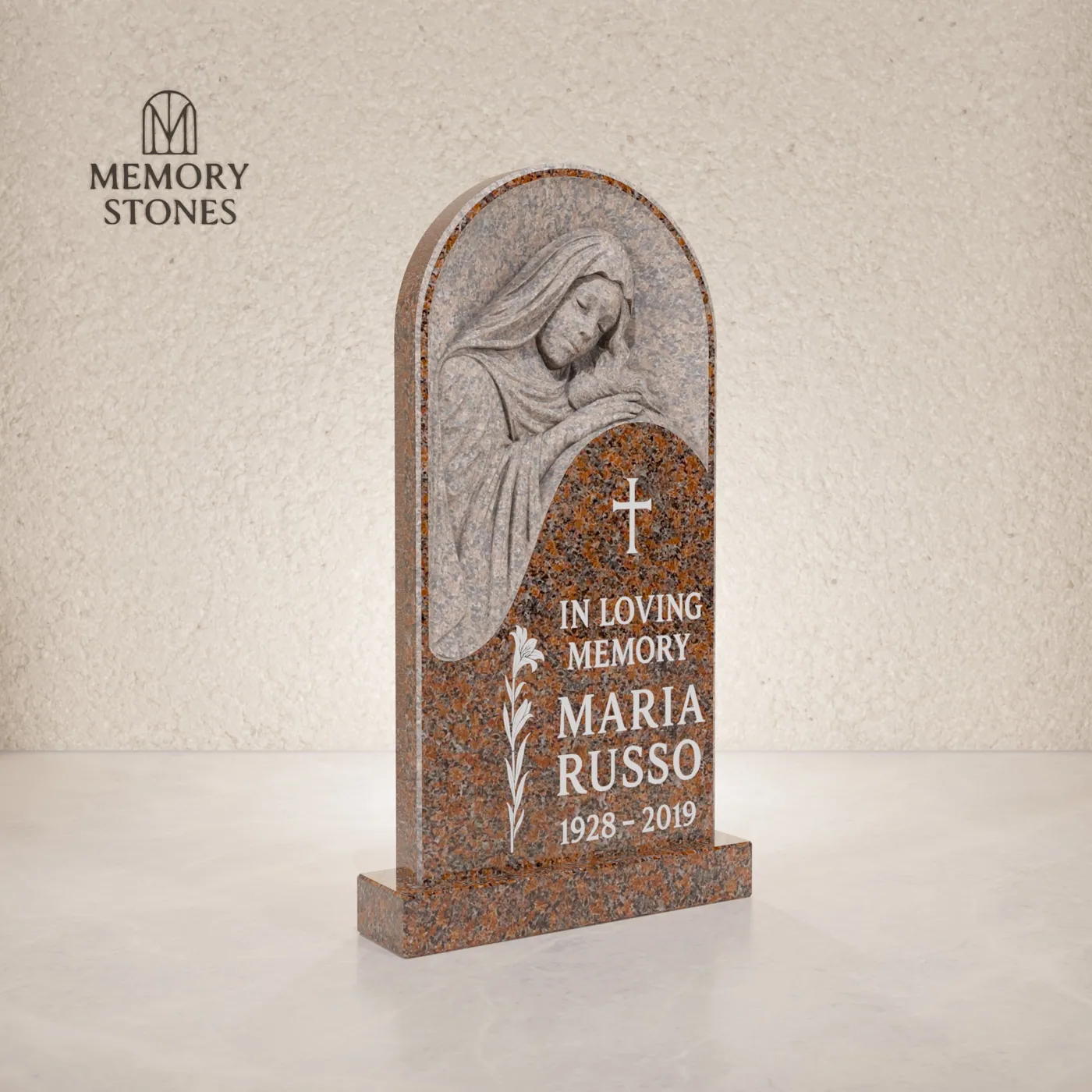 Madonna-Style Relief Upright Headstone