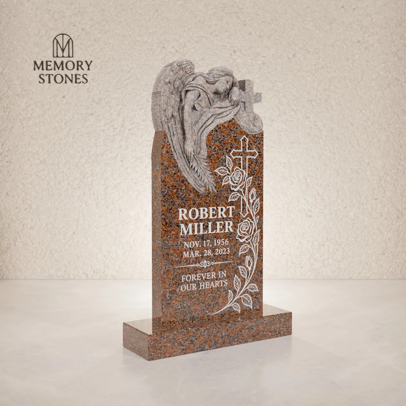 Angel and Cross Shape Granite Headstone