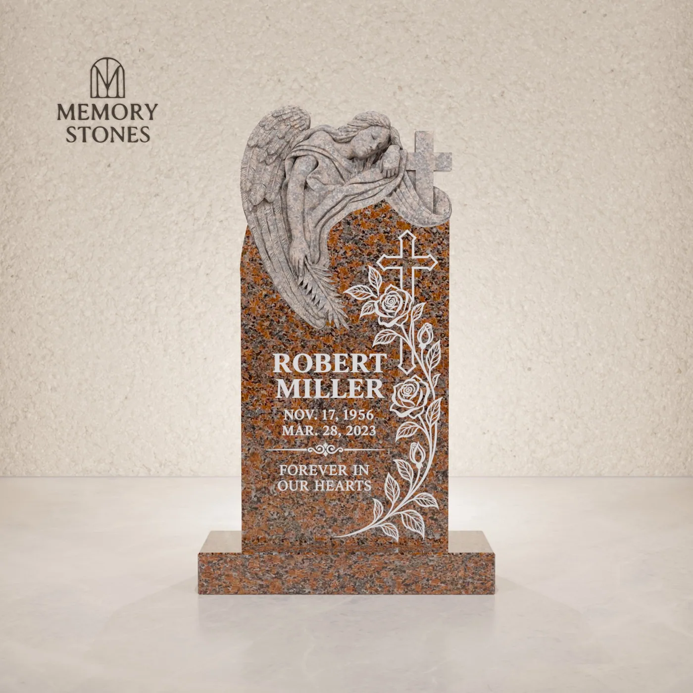 Angel and Cross Shape Granite Headstone — view 2