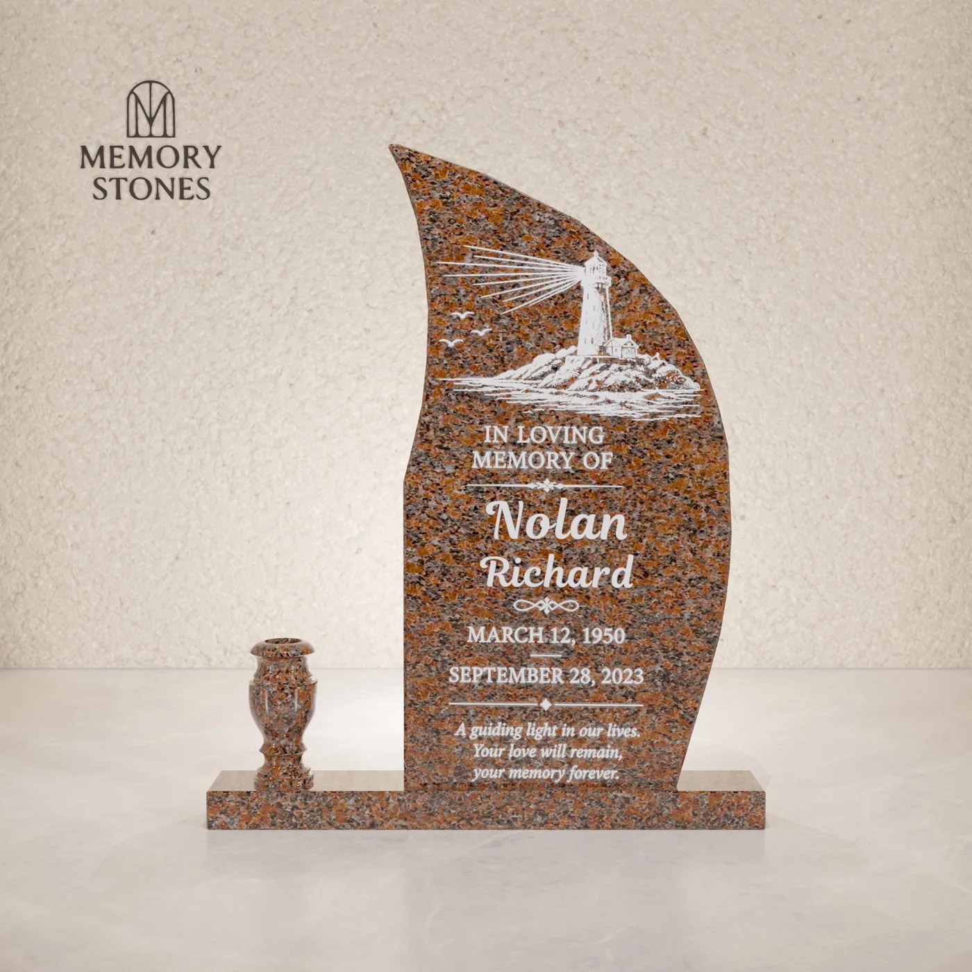 Modern Wave-Curve Upright Granite Headstone with Vase — view 2