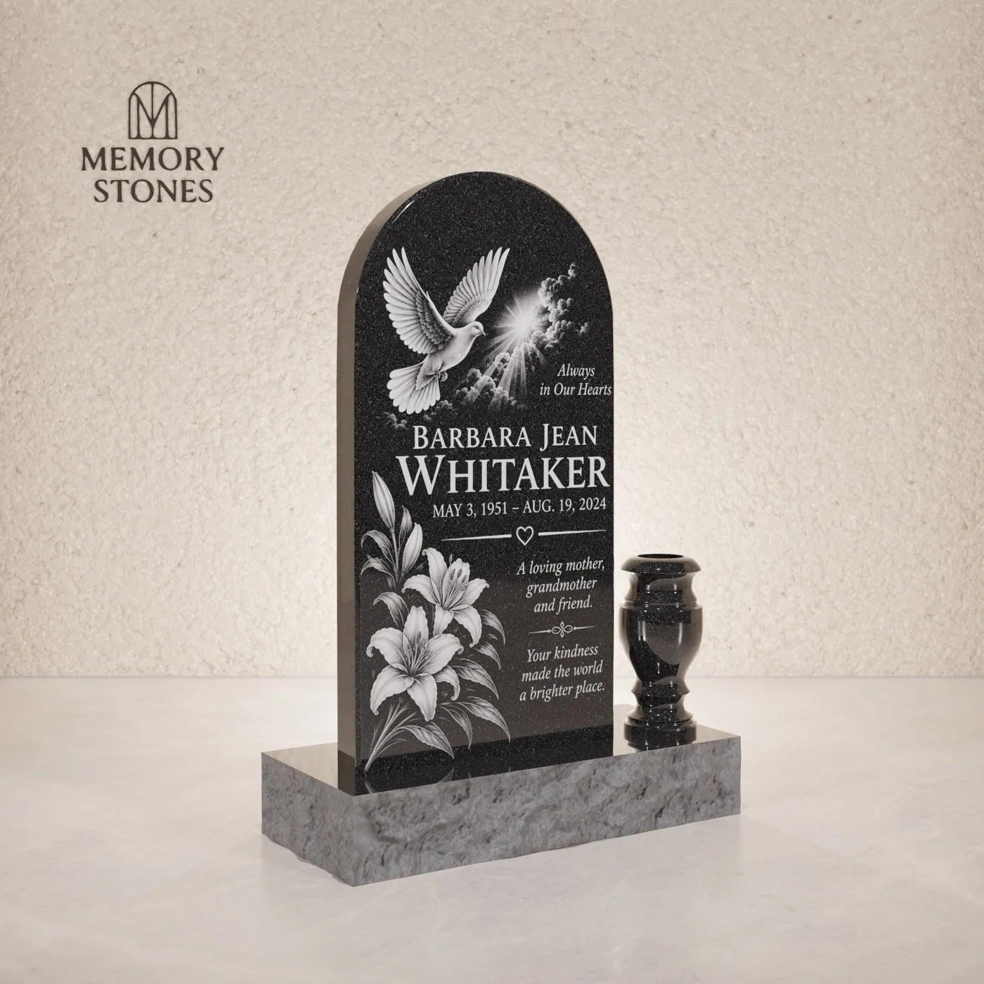 Arched Upright Granite Headstone with Vase