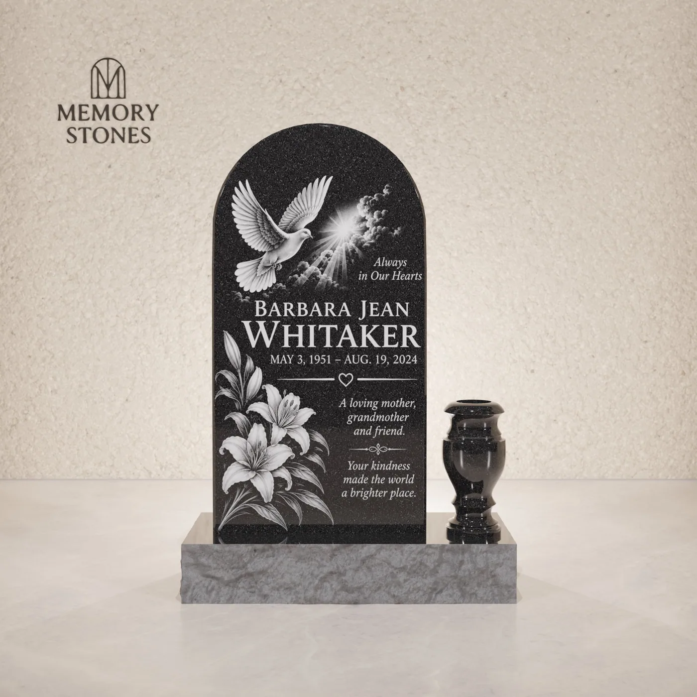 Arched Upright Granite Headstone with Vase — view 2