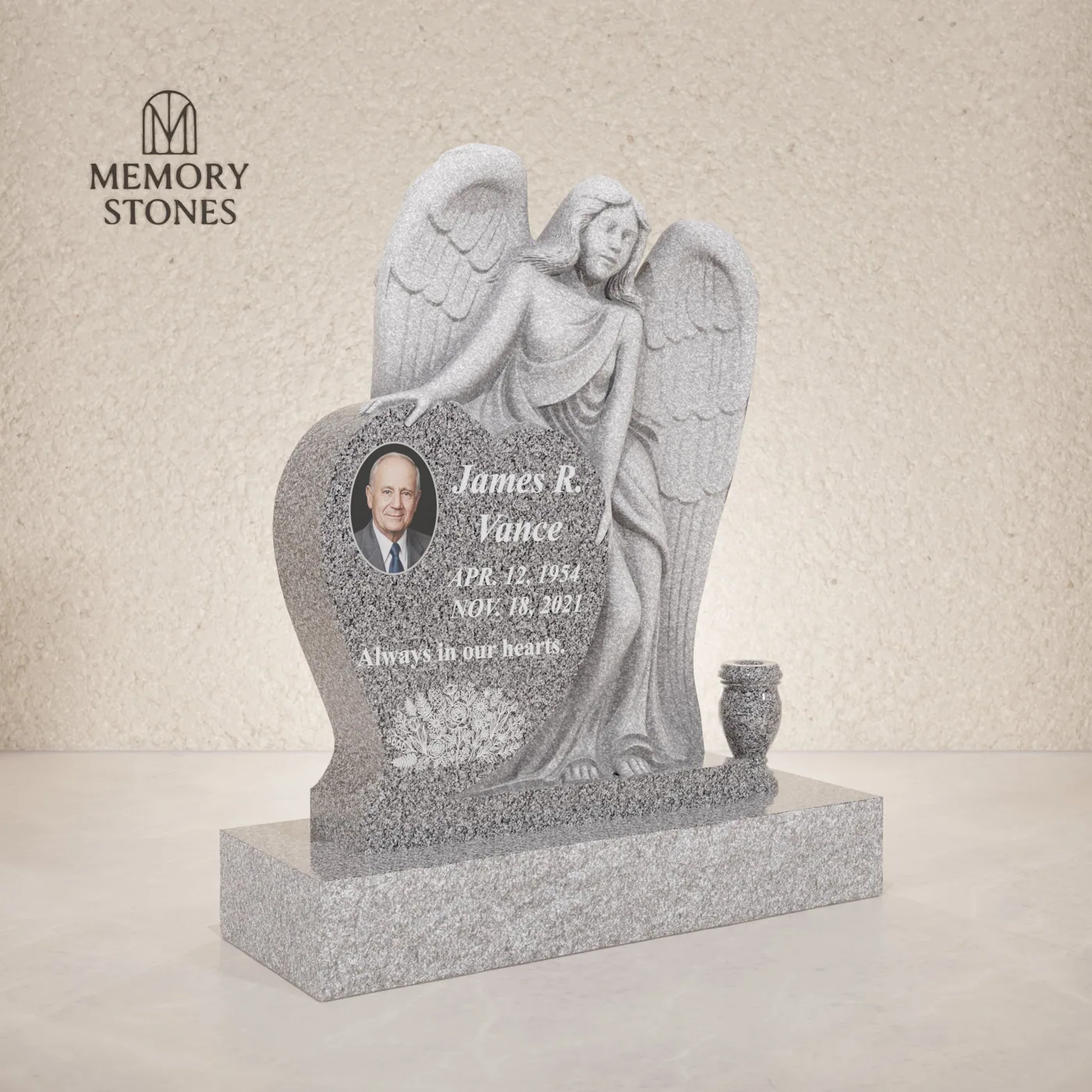 Angel Embrace Heart Granite Headstone