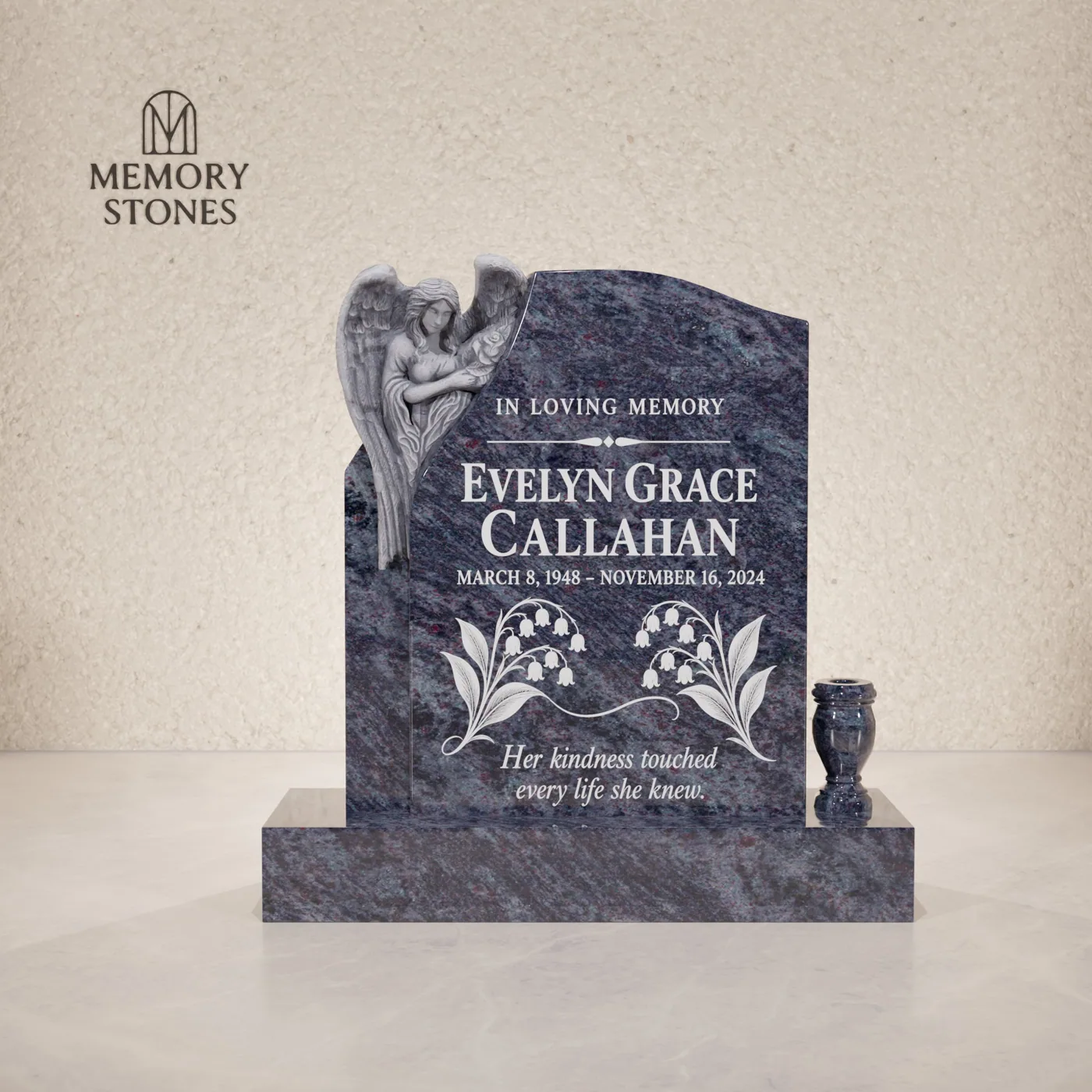 Angel Corner Upright Granite Headstone — view 2
