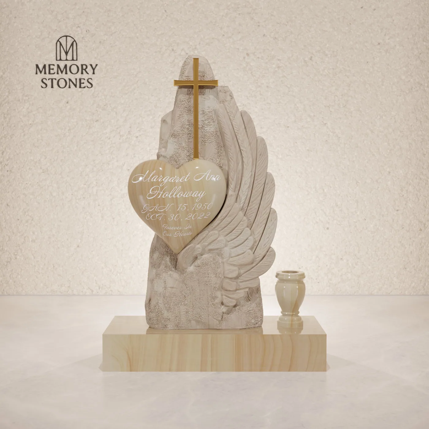 Cross Heart Angel Wing Granite Headstone — view 2