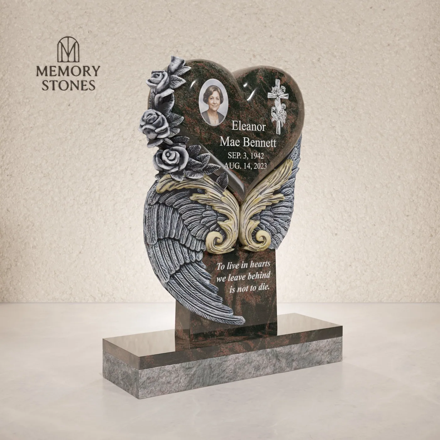 Angel Wings Heart Granite Headstone