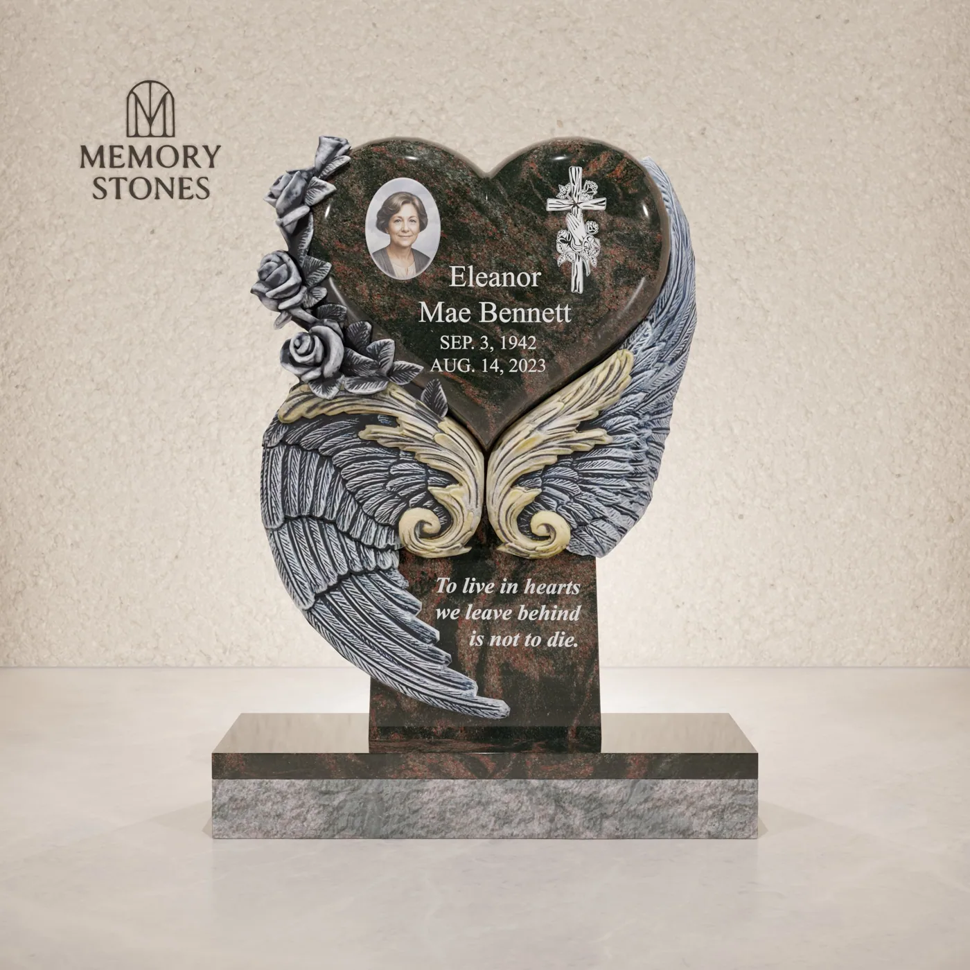 Angel Wings Heart Granite Headstone — view 2