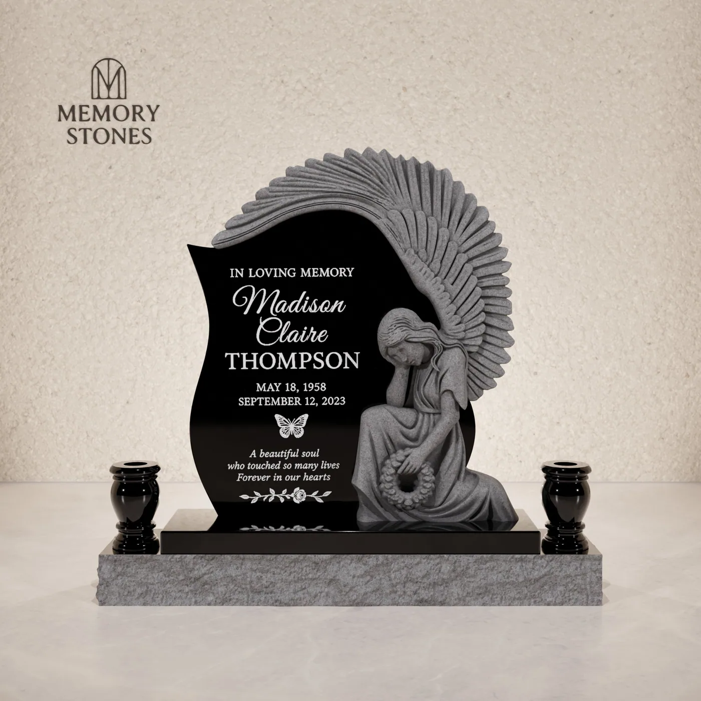 Angel Wing Granite Headstone — view 2